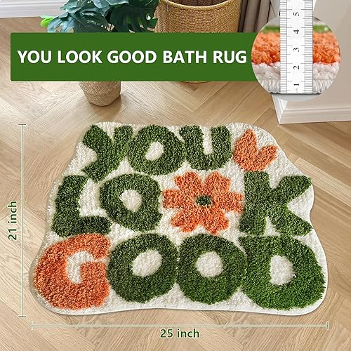 Miniatura 2 de Alfombra de baño con texto en inglés "You Look Good", alfombra de baño divertida, alfombra verde para dormitorio, antideslizante, de microfibra,