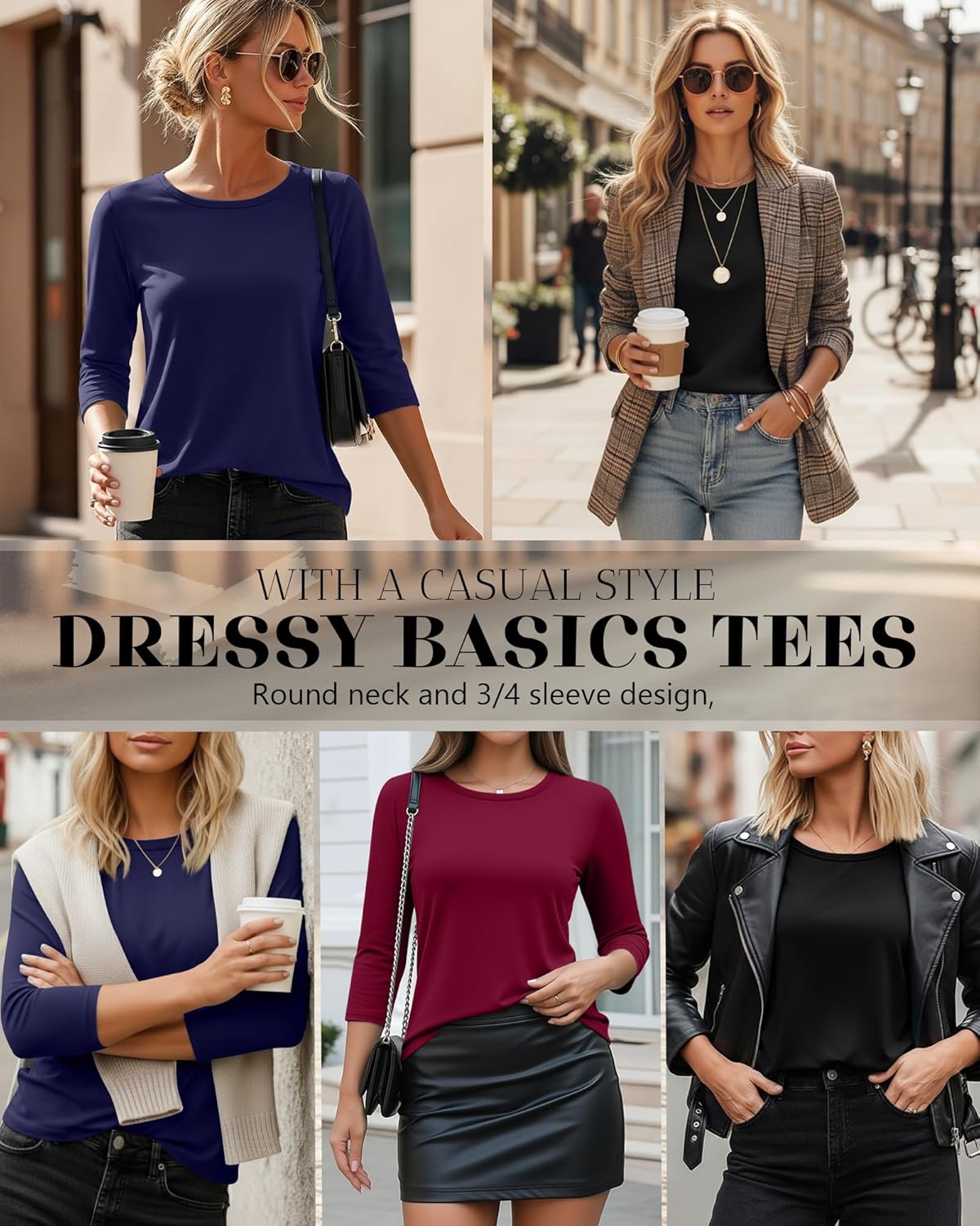 Ficerd 3 Pack 3/4 Sleeve Tops for Women Round Neck Dressy Basics Tees Casual Trendy Loose Fit T Shirts - Image 2