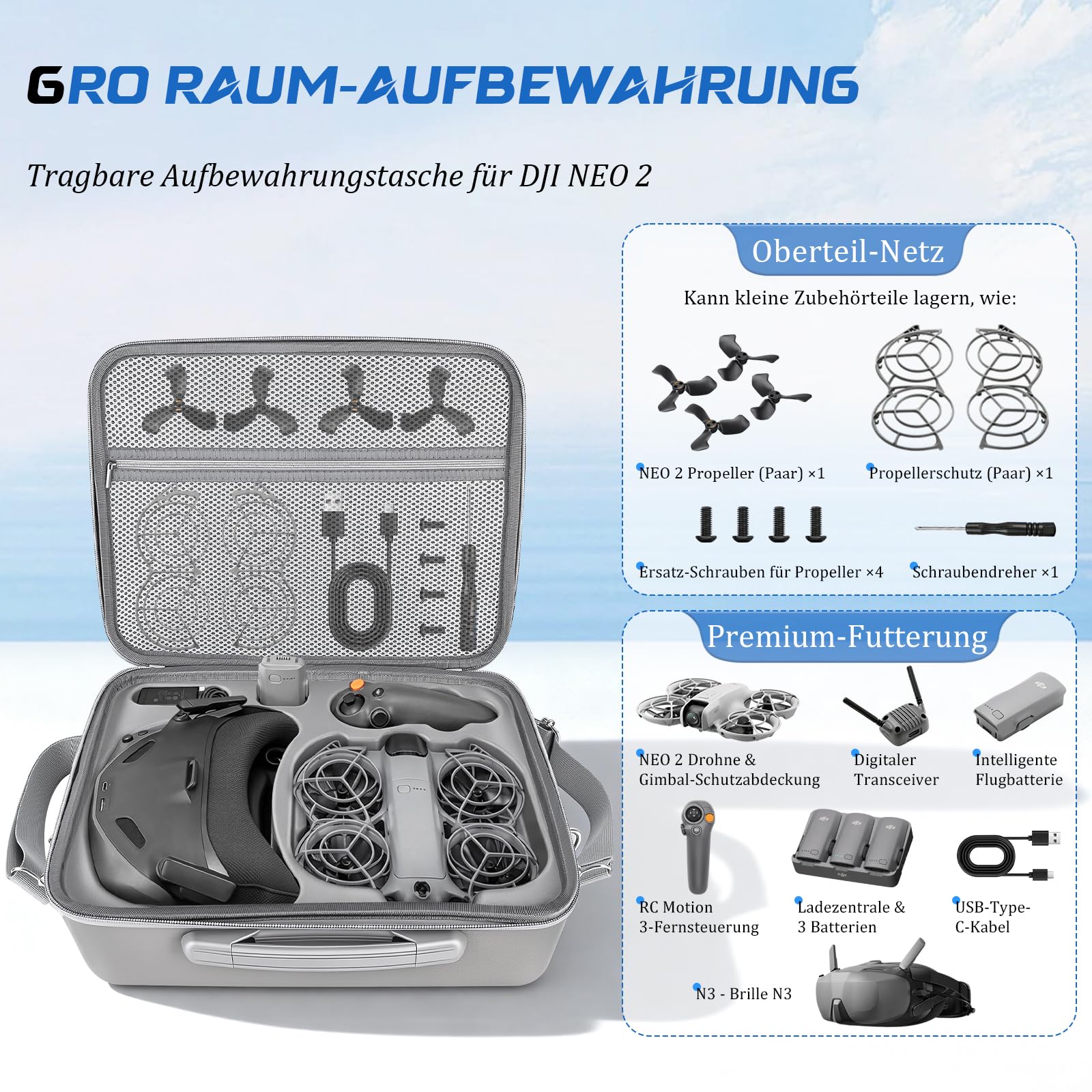 Tasche für DJI Neo 2 Tasche, Tragbar PU Case für DJI Neo Fly More Combo, Aufbewahrungs Tragetasche für DJI Neo 2 Zubehör,Goggles N3,RC Motion 3 Ladestation Drohne Zubehör