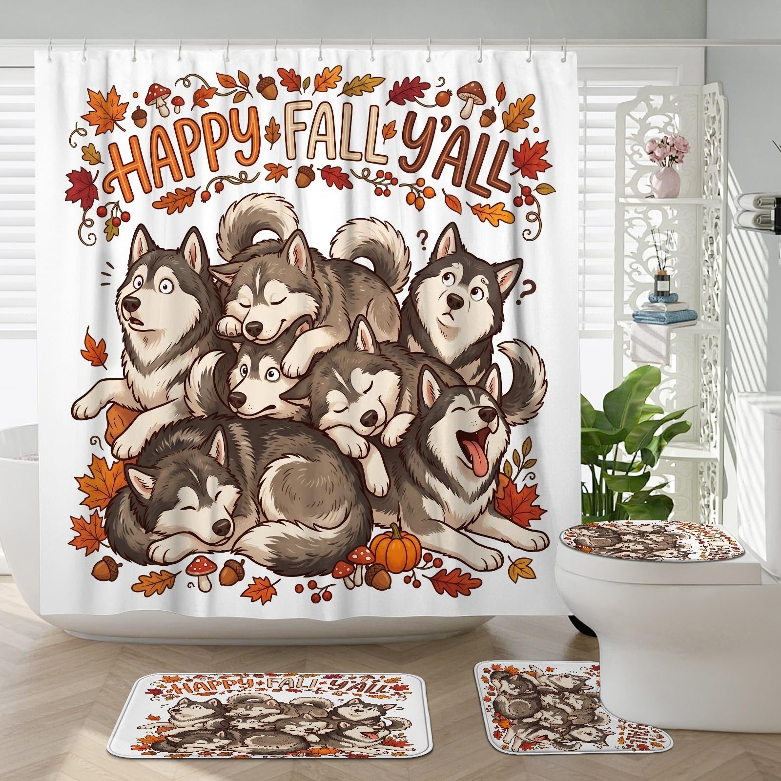 Rideau de douche Malamute d'Alaska et tapis assortis pour salle de bain chaleureuse