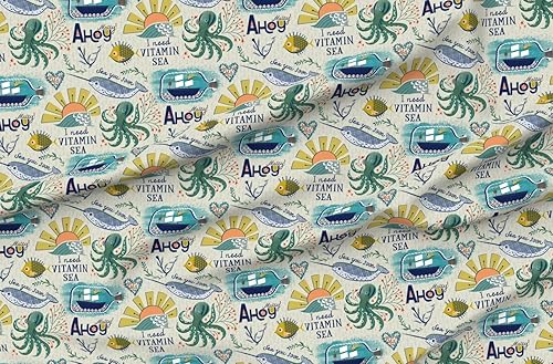Spoonflower Fabric - Sea Tattoos Vintage Retro Beach Waves Ocean Octopus Printed on Chiffon Fabric by The Yard - Sewing Fashion Apparel Dresses Home