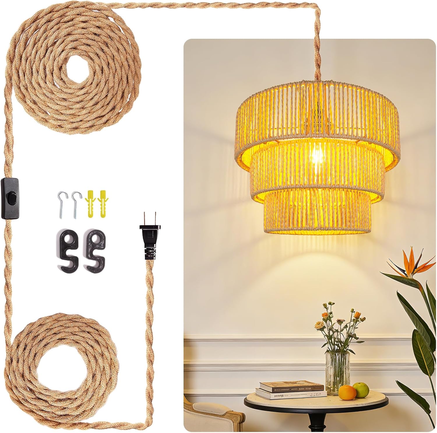 Hanging Light Ceiling Lamp Pendant Lights Rattan Hanging Lamp with Plug in Cord for Living Room Bedroom Kitchen Indoor Hanging Lamp Plug in Woven Lampshade