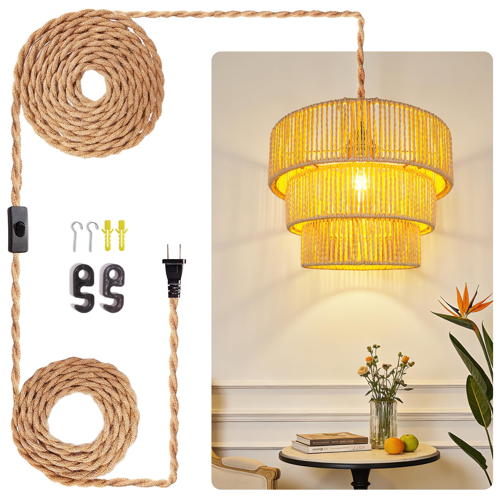 Photo 1 of LUCORUSC Hanging Light Ceiling Lamp Pendant Lights Rattan Hanging Lamp with Plug in Cord for Living Room Bedroom Kitchen Indoor Hanging Lamp Plug in Woven Lampshade