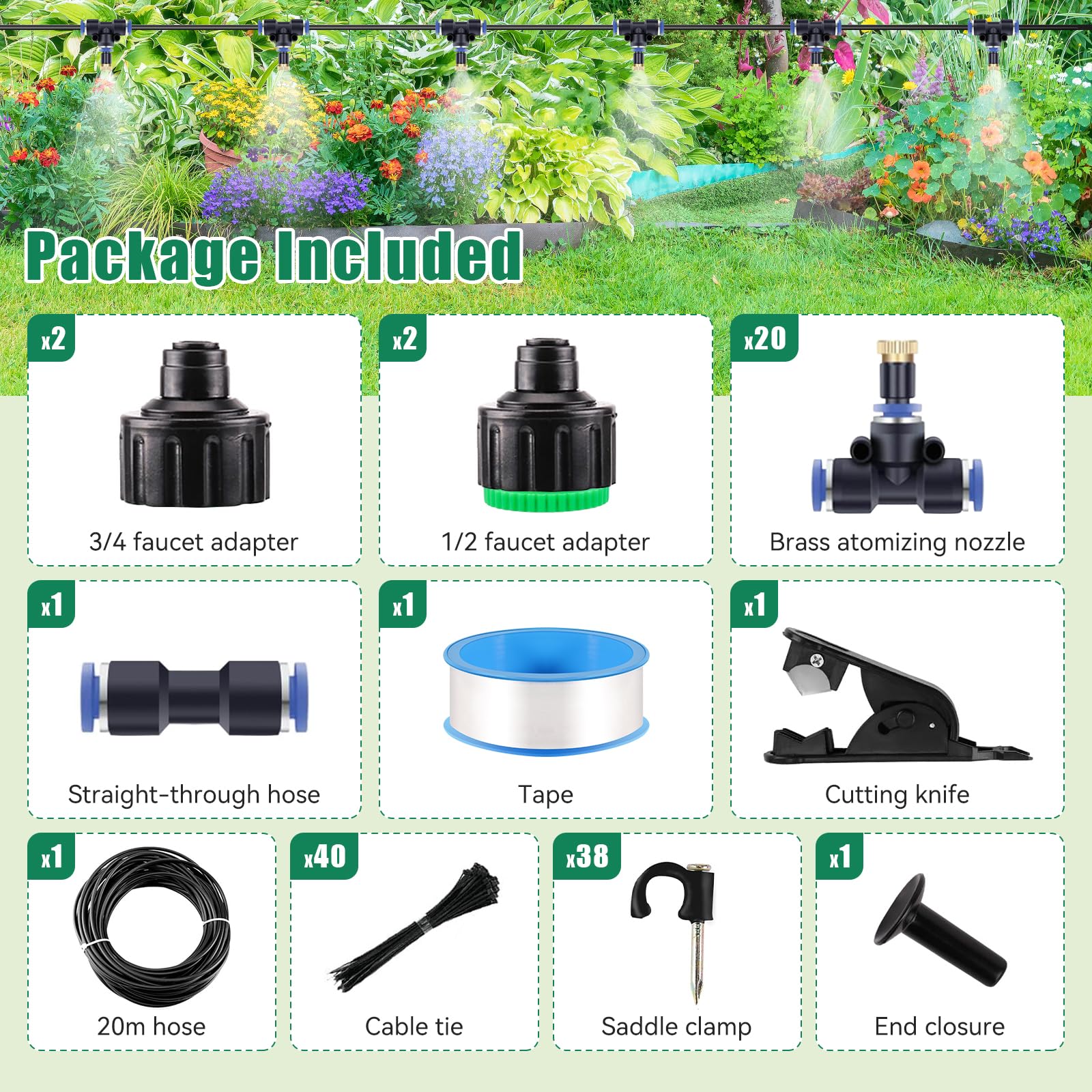 20M Système de Refroidissement par Brumisation Extérieur, Kit D’Irrigation Système de Brumisation Kit de Tuyau Brumisateur Extérieur pour Jardin Parasol
