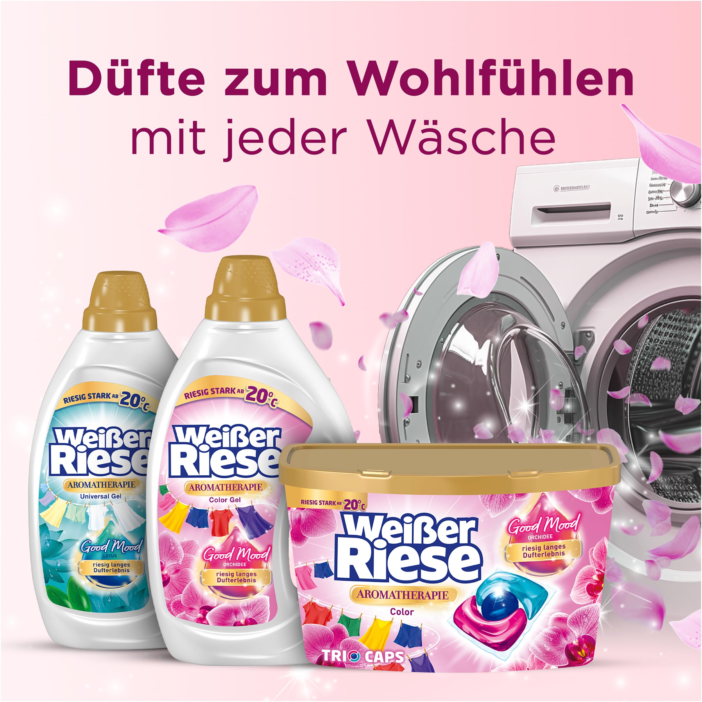 Weißer Riese Color Trio-Caps Aromatherapie Orchidee (120 Waschladungen), Color Waschmittel mit Good Mood-Duft für ein riesig langes Dufterlebnis und strahlend saubere Wäsche, 100% recycelbar