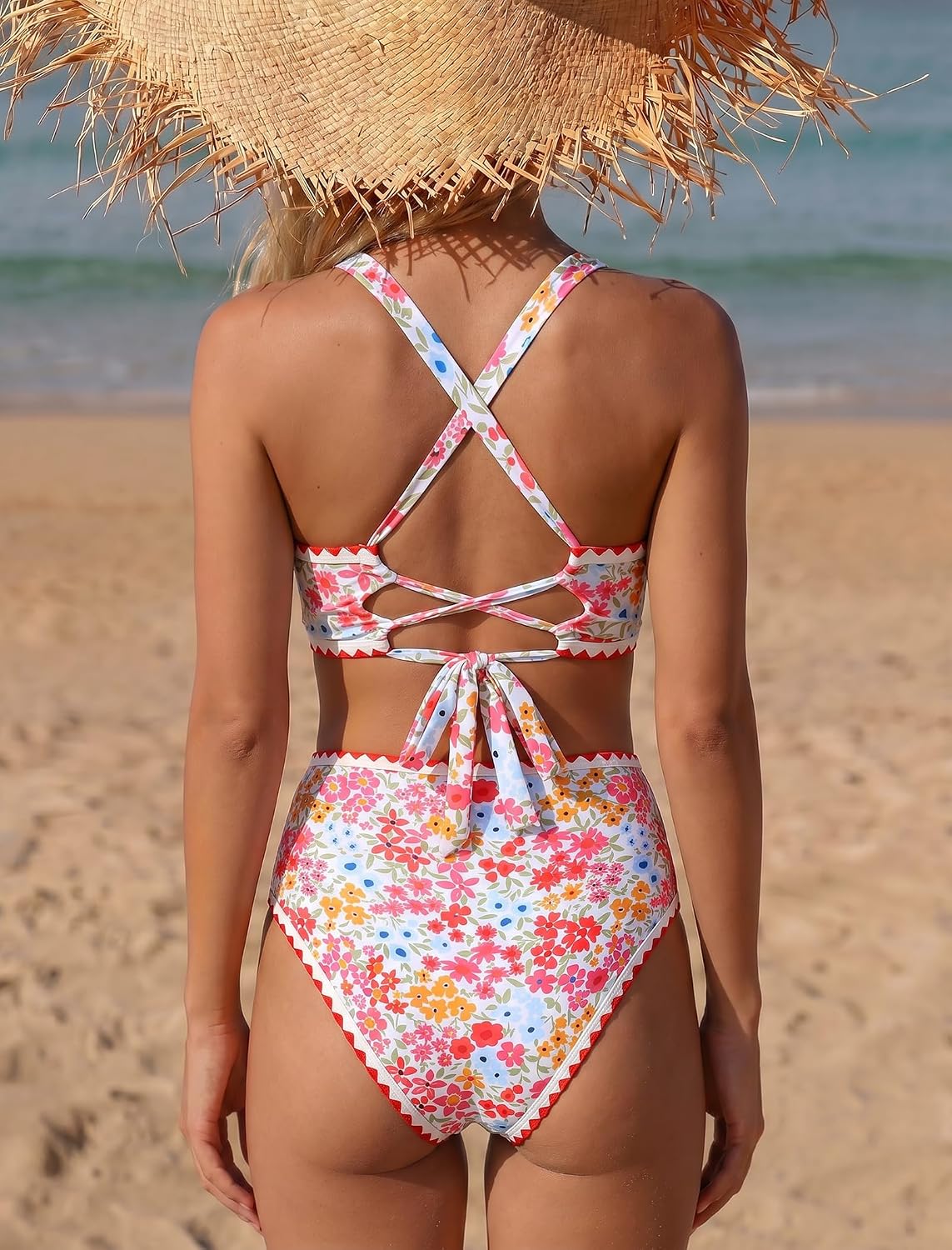 ZAFUL Womens High Waisted Bikini Sets Floral Print Whip Stitch 2 Piece Swimsuits V-Neck Crisscross Tie Back Bathing Suit