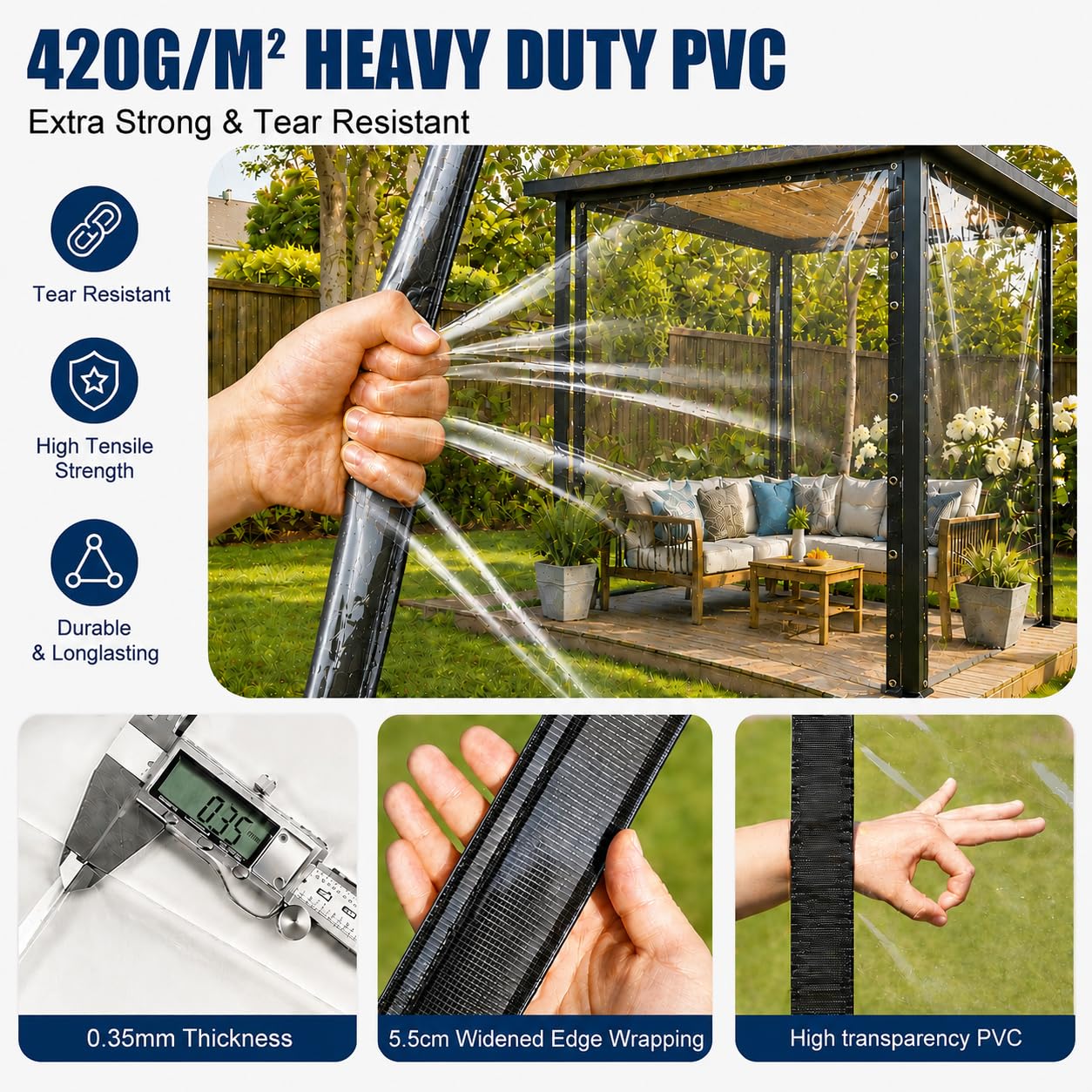 Zewnętrzna przezroczysta pokrywa 3 x 4 m, PVC 420 g/m² przezroczysta plandeka z 20 opaskami na kable, lina 10 m, wodoodporna przezroczysta pokrywa z oczkami, plandeka PCW na taras, do ogrodu