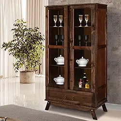 Cristaleira Roma Pinus com HDF Porta de Vidro Retrô Imbuia Natural