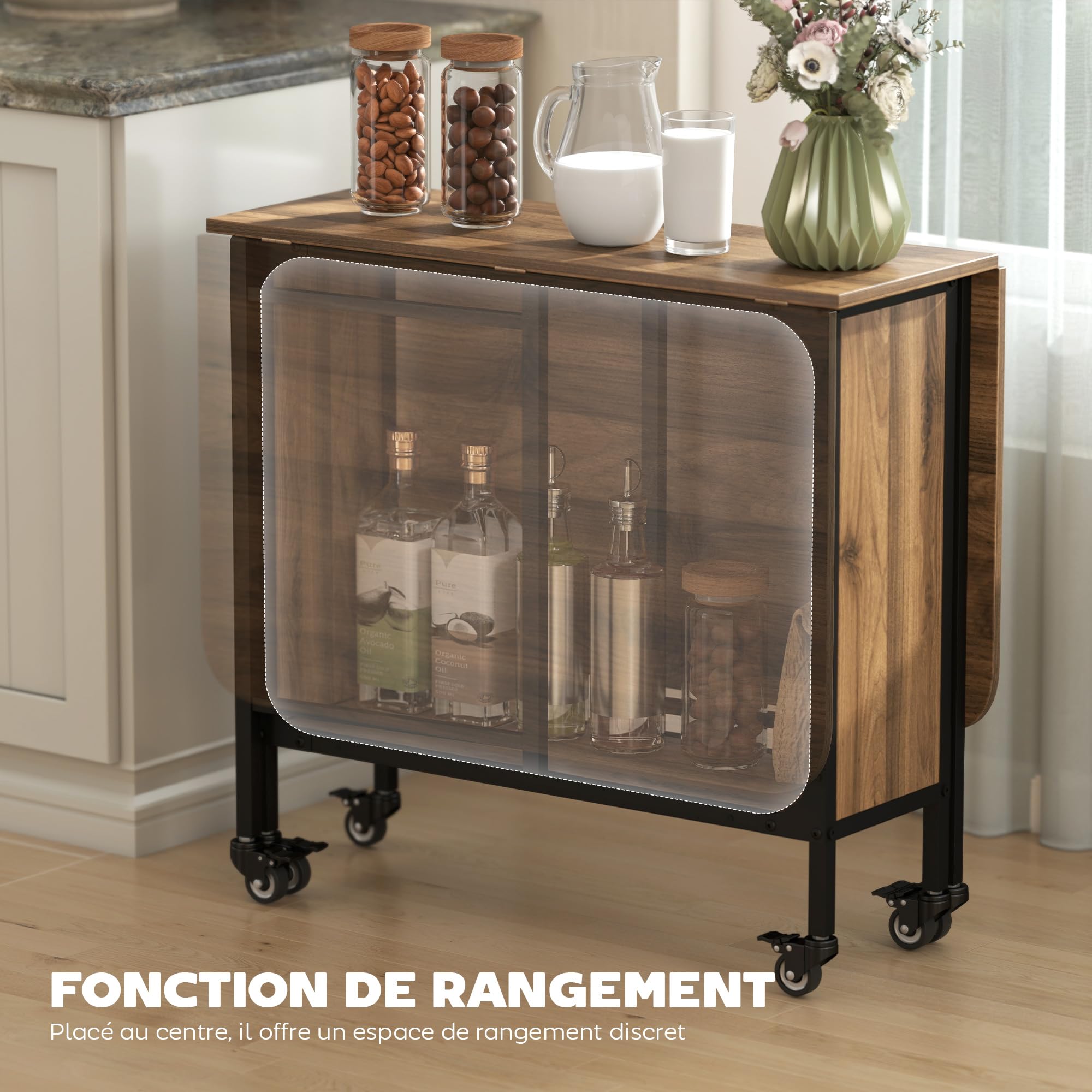HOMCOM Table à Manger Pliante sur roulettes, Table de Cuisine pour 6 Personnes avec 2 abattants et étagère intégrée, pour Petits espaces, Salle à Manger, 130 x 80 x 74 cm, Marron