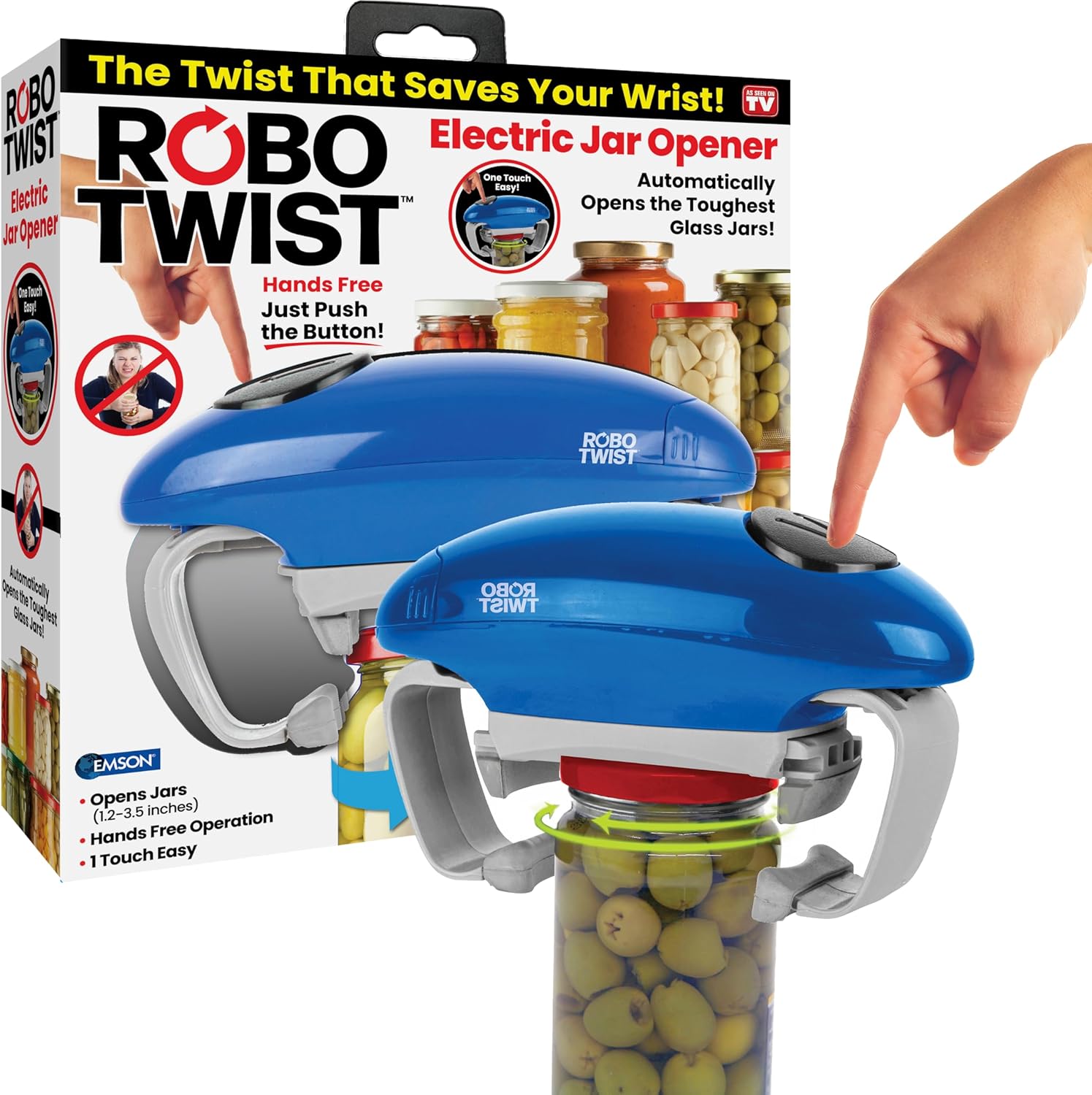 Robotwist Jar Opener, Automatic Jar Opener, Deluxe Model with Improved Torque, Robo Twist Kitchen Gadgets for Home, Electric Handsfree Easy Jar Opener – Works on All Jar Sizes, As Seen on TV, Blue