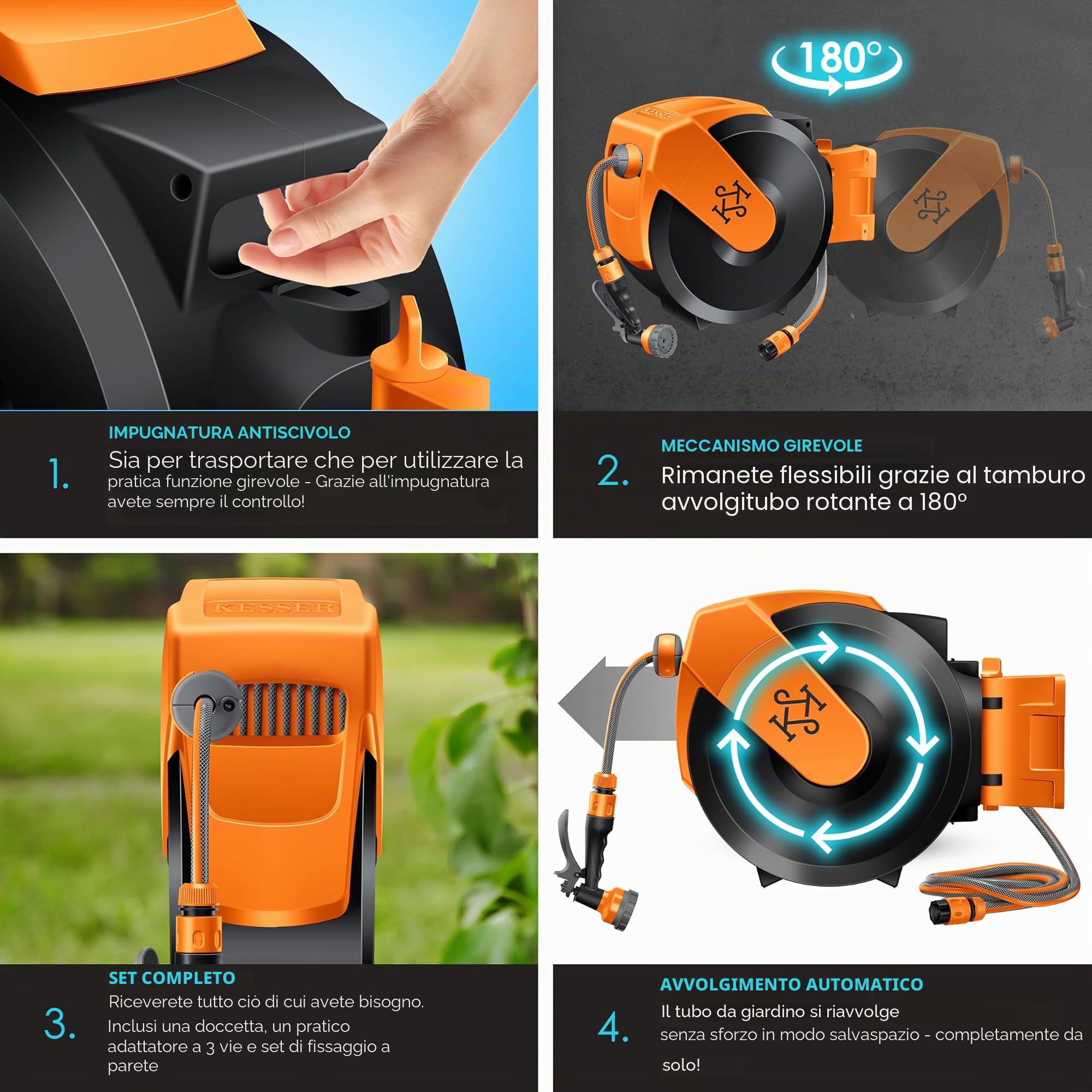 KESSER® Avvolgitubo con Tubo da Giardino 15 m, a Parete, Avvolgitubo girevole a 180° e a rientro automatico, Portagomma a Parete con Doccia a mano a 7 funzioni, Nero/Arancione