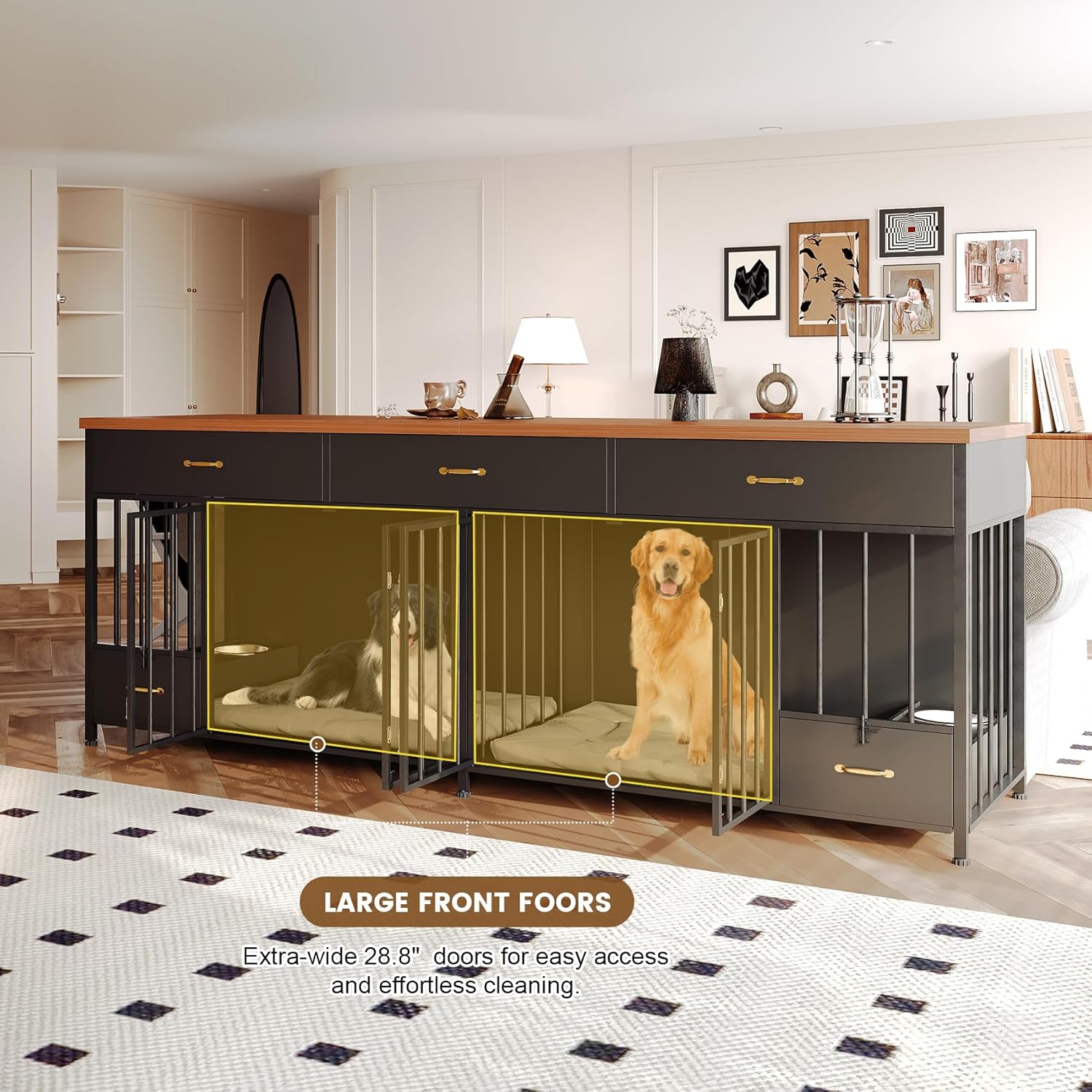 Extra Large 91.5" L Dog Crate Furniture with Feeder & 3 Drawers – Heavy Duty Double Dog Kennel Furniture for Small, Medium, Large Dogs – Sturdy Black Pet Crate Table with Storage