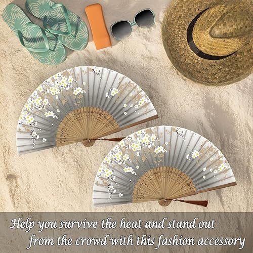 Miniatura 6 de OMyTea Abanico de mano plegable para mujer - Abanico chinojaponés plegable vintage de bambú y seda - para sofocos, Iglesia, EDM, festival de música,