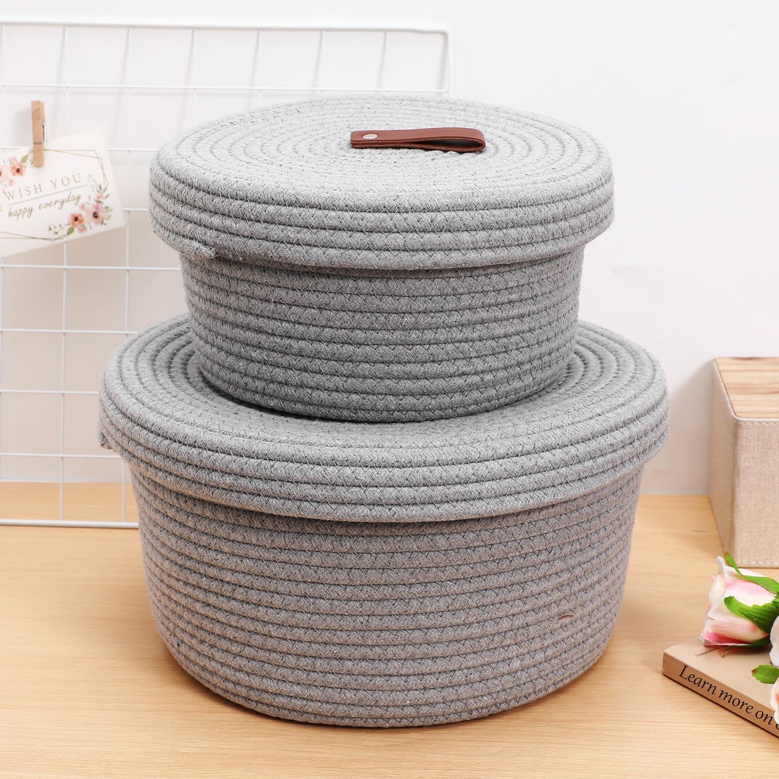 Aufbewahrungskörbe mit Deckel 2 Stück aus Baumwollstoff | Stabile Flechtoptik, Schlichtes Design in Neutraler Farbe, für Schlafzimmer und Wohnzimmer