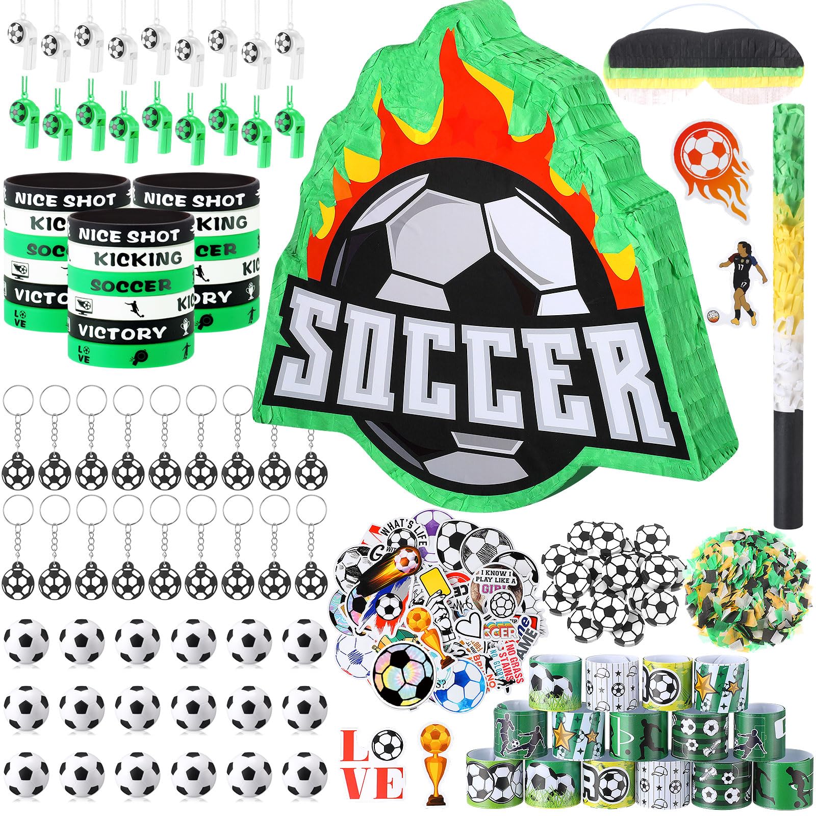 Hollowfly 162 Pcs Soccer Piñata Soccer Party Favors with Blindfold Confetti Bat Mini Stress Balls Keychains Wristbands Whistles Eraser Slap Bracelet