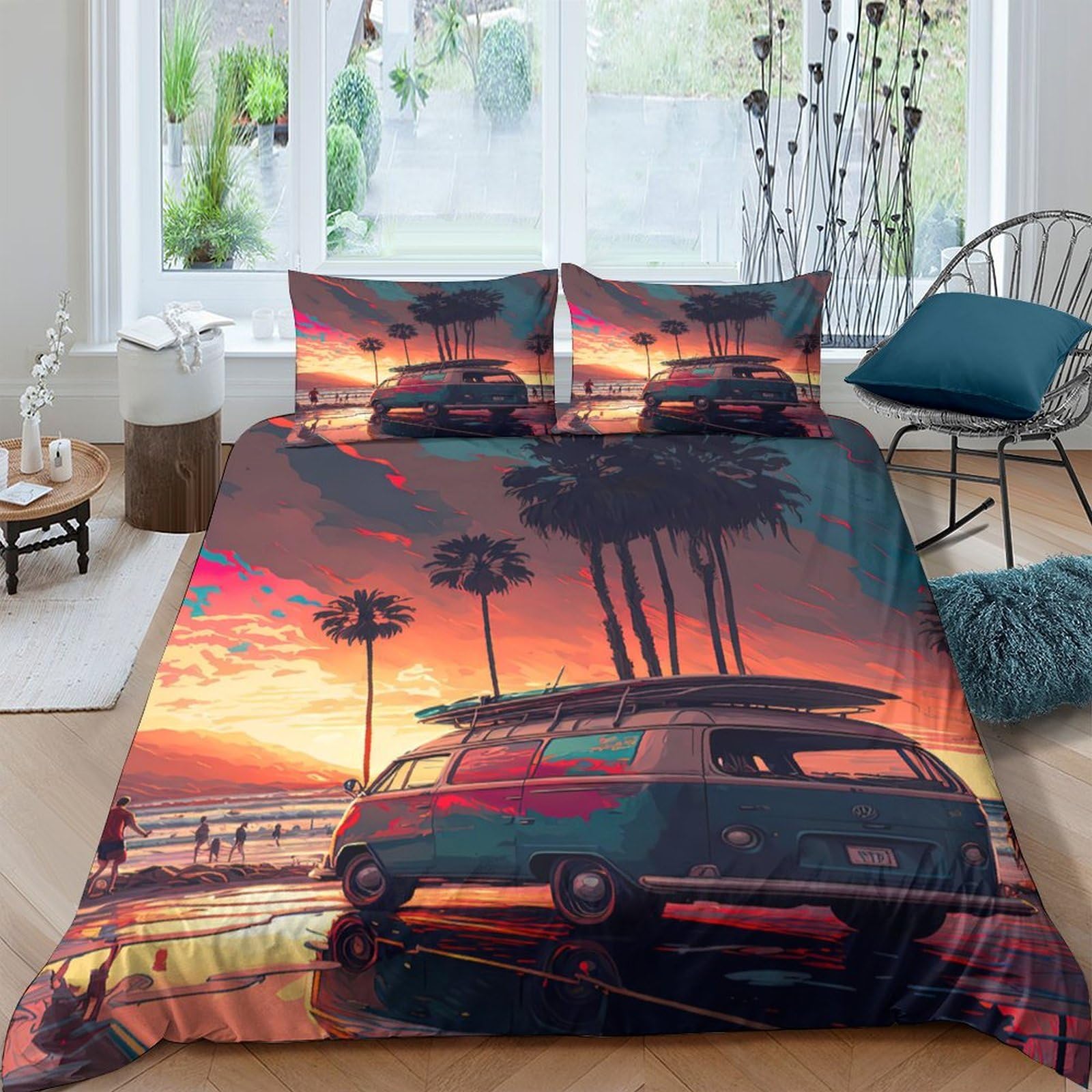 Ctjqhvkz Style-1 3D Printed Sunset Beach Car Fitted Sheet Microfiber Soft Decor Palm Tree Bed Cover For Bedroom Dorm Mattress Protection Single（135X200cm）