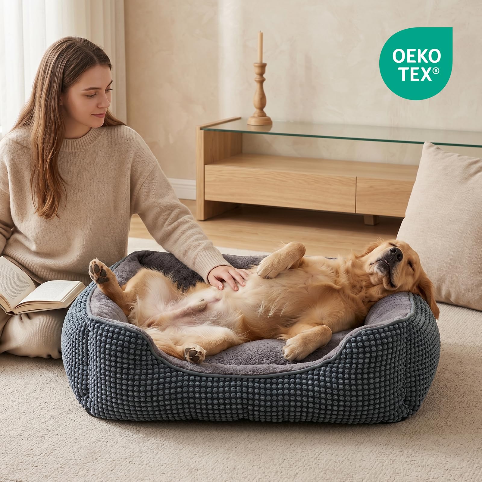 FURTIME Hundebett Mittelgroße Hunde, Hundekorb Waschbar Flauschig, Rutschfestes Hundekörbchen Hundebetten, Anti-Angst Hundebett für Mittelgroße und Kleine Hunde und Katzen, 63x53x20cm