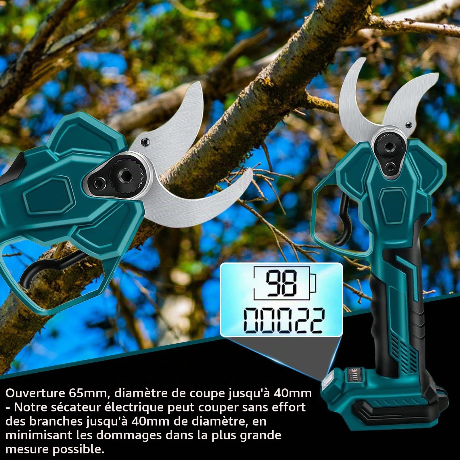 Sécateur électrique sans fil pour batterie Makita, Sécateur de Jardin électrique diamètre de coupe max 65 mm Ciseaux de Jardin sans Fil 4 vitesses avec écran LCD pour branches, arbustes