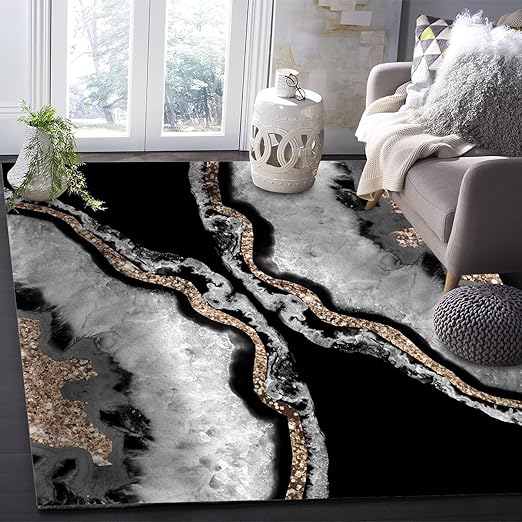 Abstract Black Gold Marble Area Rug, White Moire Black