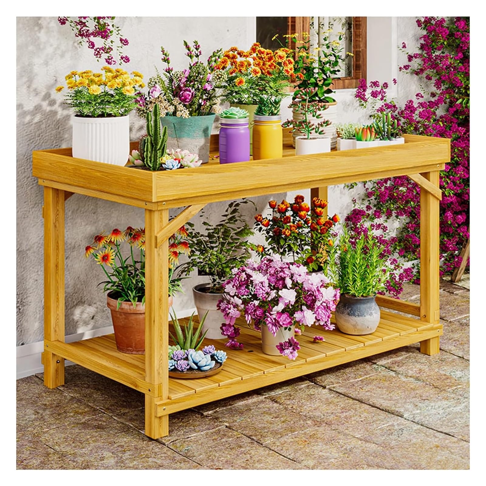 YNIYUJKL Plant Stand Plant Stand Indoor, Wood Plant Stand, 2-Tier Plant Shelf,Indoor Outdoor Flower Pot Display Shelf Rack, Multiple Ladder Stand Planter Holder Yellow-140x60x85cm