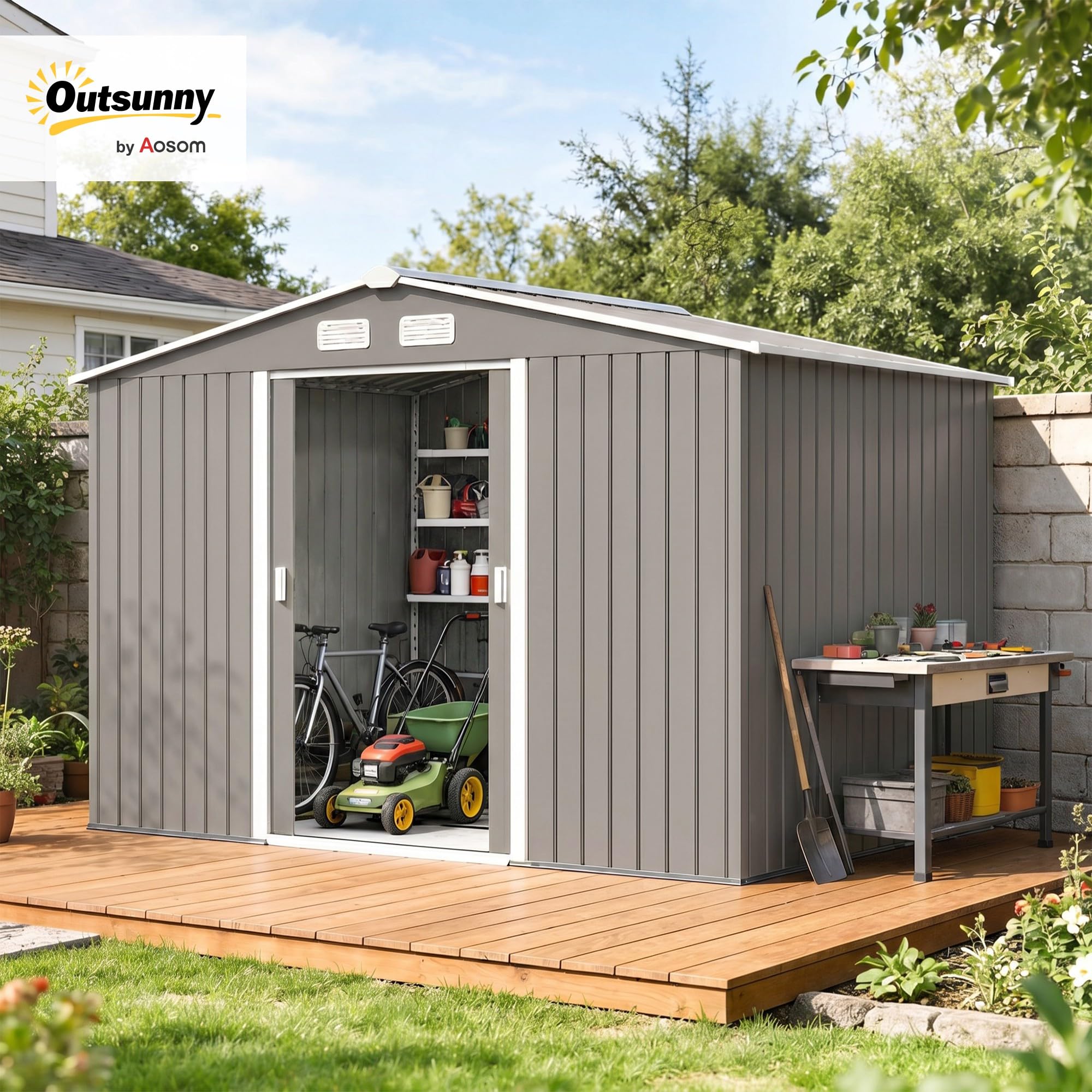 Outsunny Gerätehaus mit Fundament Metall Grau 277 x 195 x 192 cm