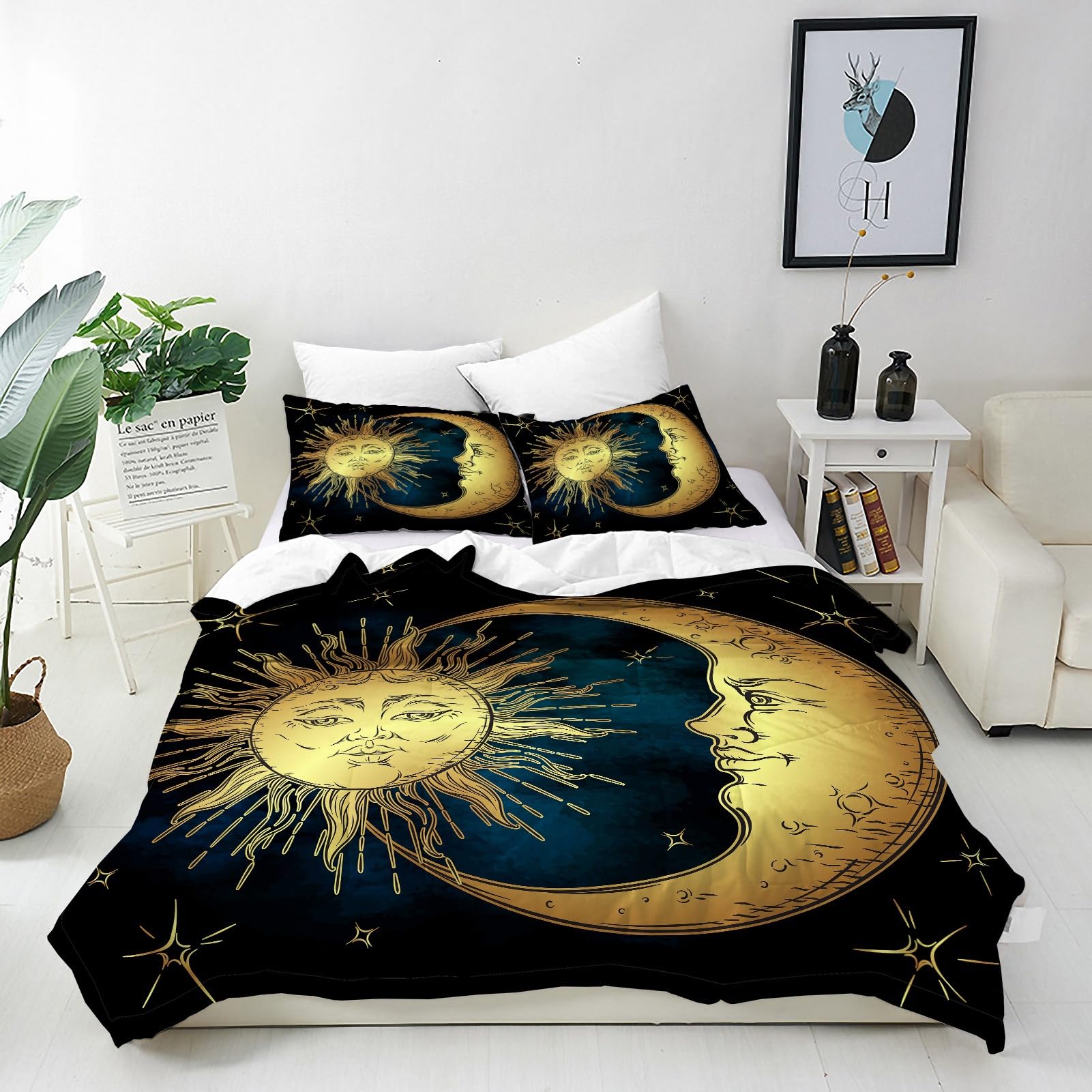 ANHOPE Astrology Duvet Cover Set 3 Piece Bedding Set with 2 Pillowcases Boho Sun Moon Stars 3D Printed Pattern Soft Breathable Microfibre Quilt Cover with Zipper Closure King