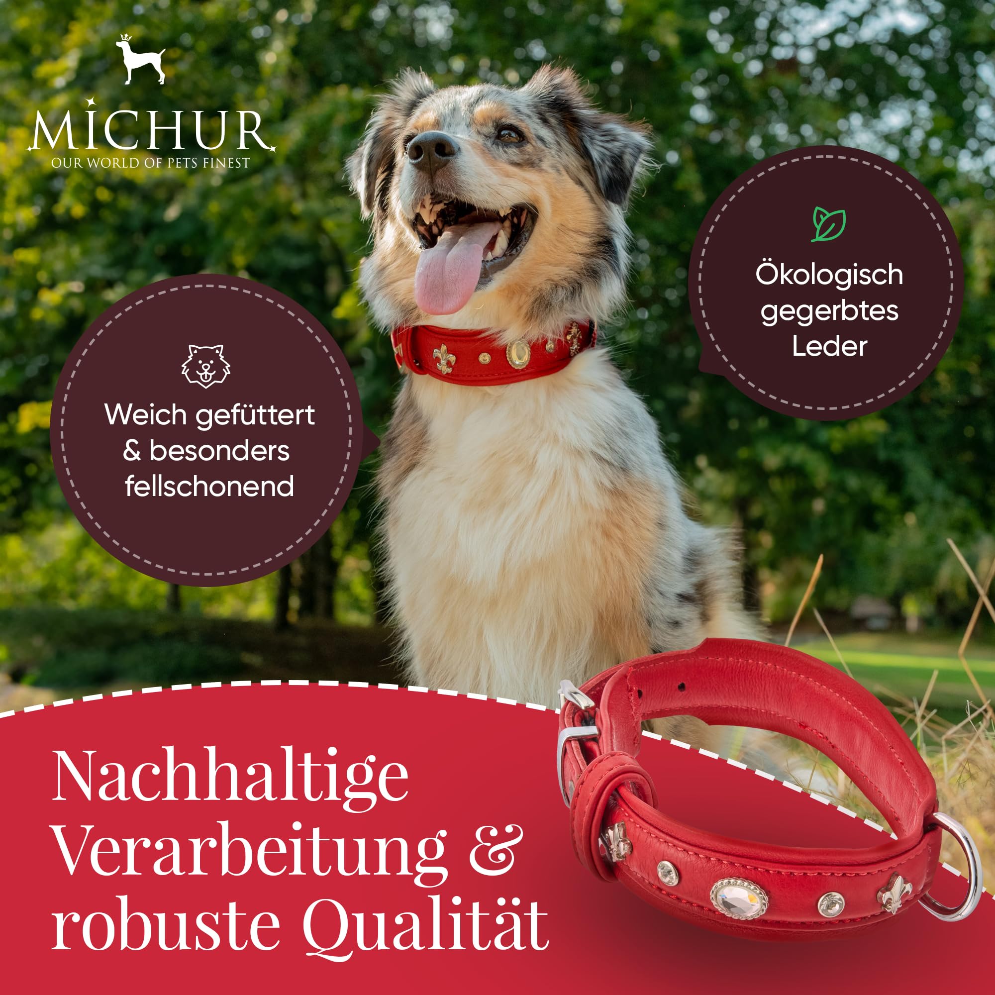 MICHUR Julieta Hundehalsband Leder, Lederhalsband Hund, Halsband, Rot, Leder, mit Lilien, Strasssteinen und großem Kristall