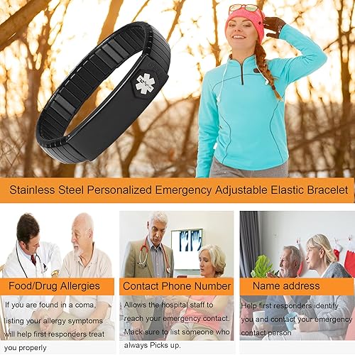 Miniatura 9 de EnerMagiX Medical Alert Bracelet for Men Women, Stainless Steel Personalized Adjustable Elastic Medical ID Bracelet for Diabetes, Allergies,