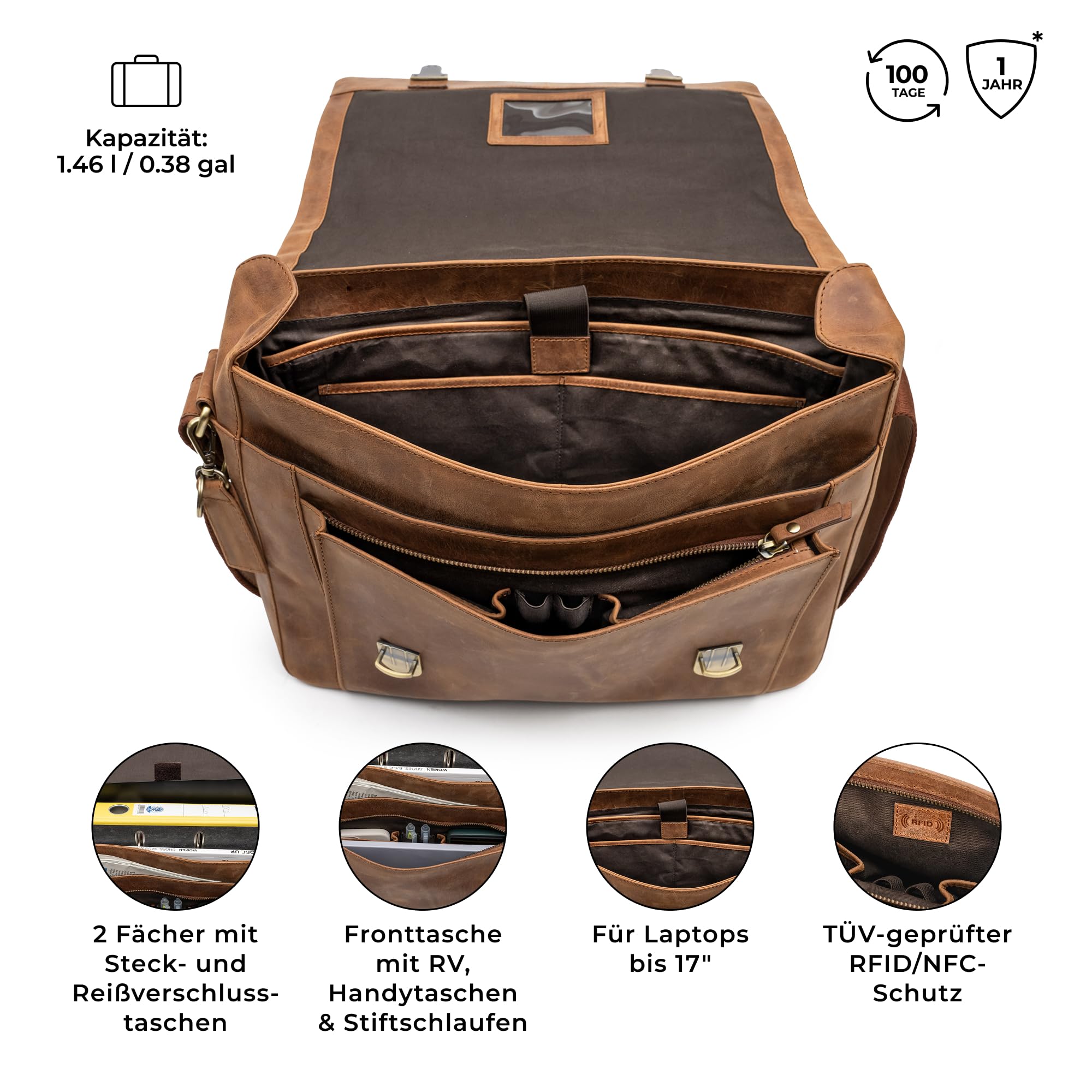 Berliner Bags Umhängetasche P-Berg Vintage, Messenger Bag aus Leder - Braun | Arbeitstasche & Umhängetasche für Herren, 17 Zoll Laptopfach & RFID-Schutz, verstellbarer Schulterriemen aus Echtleder