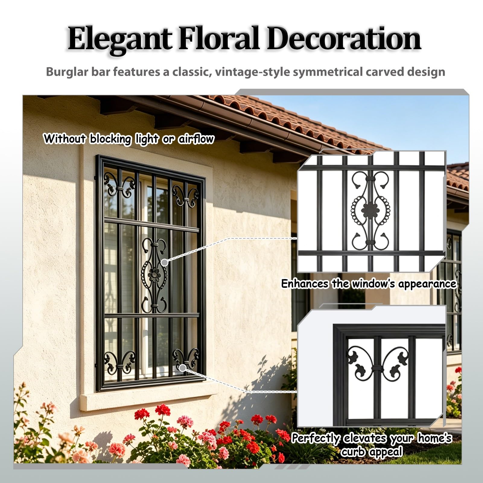 Reja Ventana Barrera de Seguridad Floral para Exteriores e Interiores, Reja de Seguridad Antirrobo Versátil para Ventanas, Baranda Decorativa Personalizable(W60xH70cm/24x28in)
