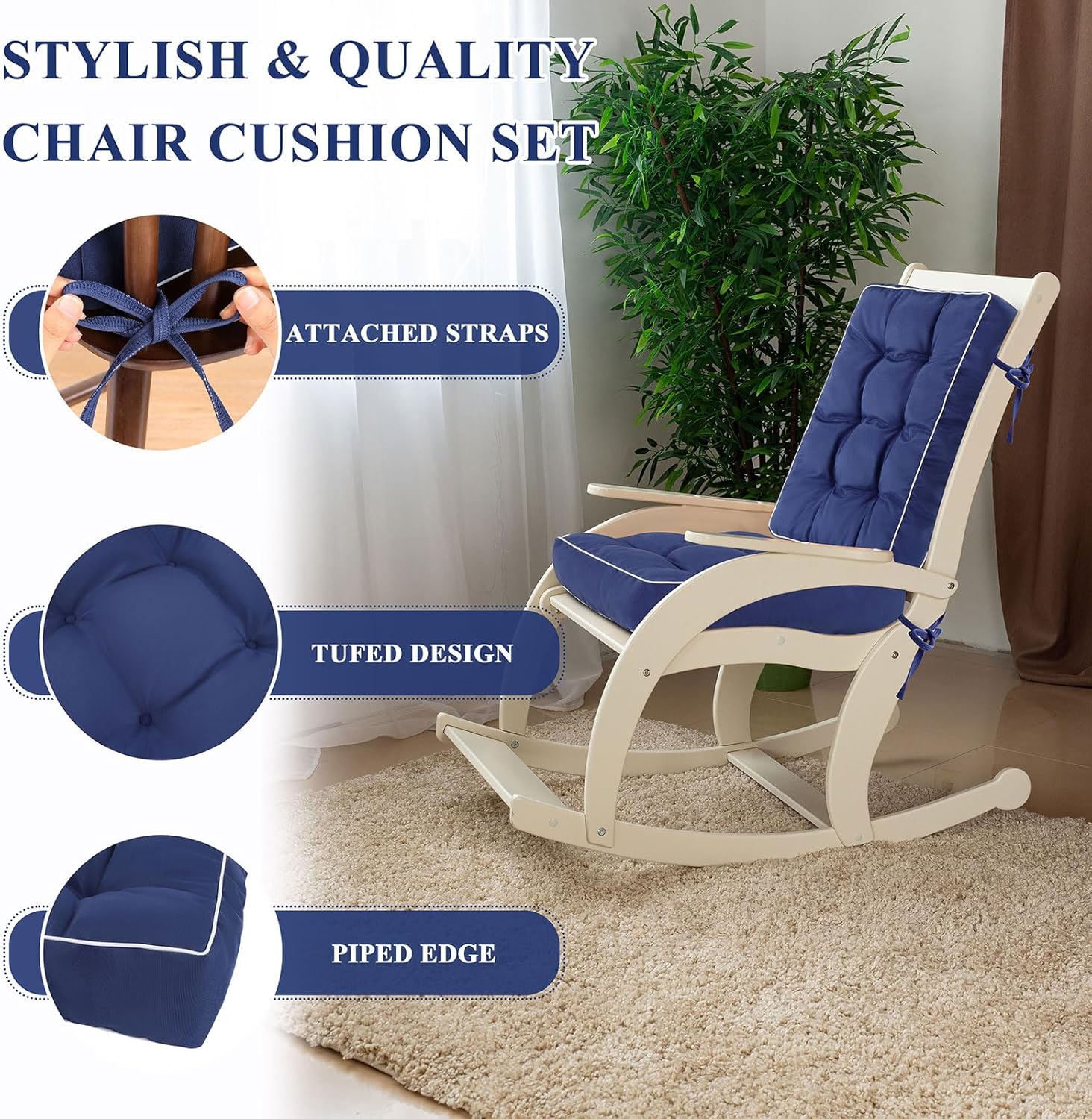 Topotdor Jumbo Rocking Chair Cushions Indoor, Tufted Rocking Chair Seat Cushion for Patio Furniture, Water Resistant Rocking Chair Pads with Ties for Nursery Balcony Chair, Blue