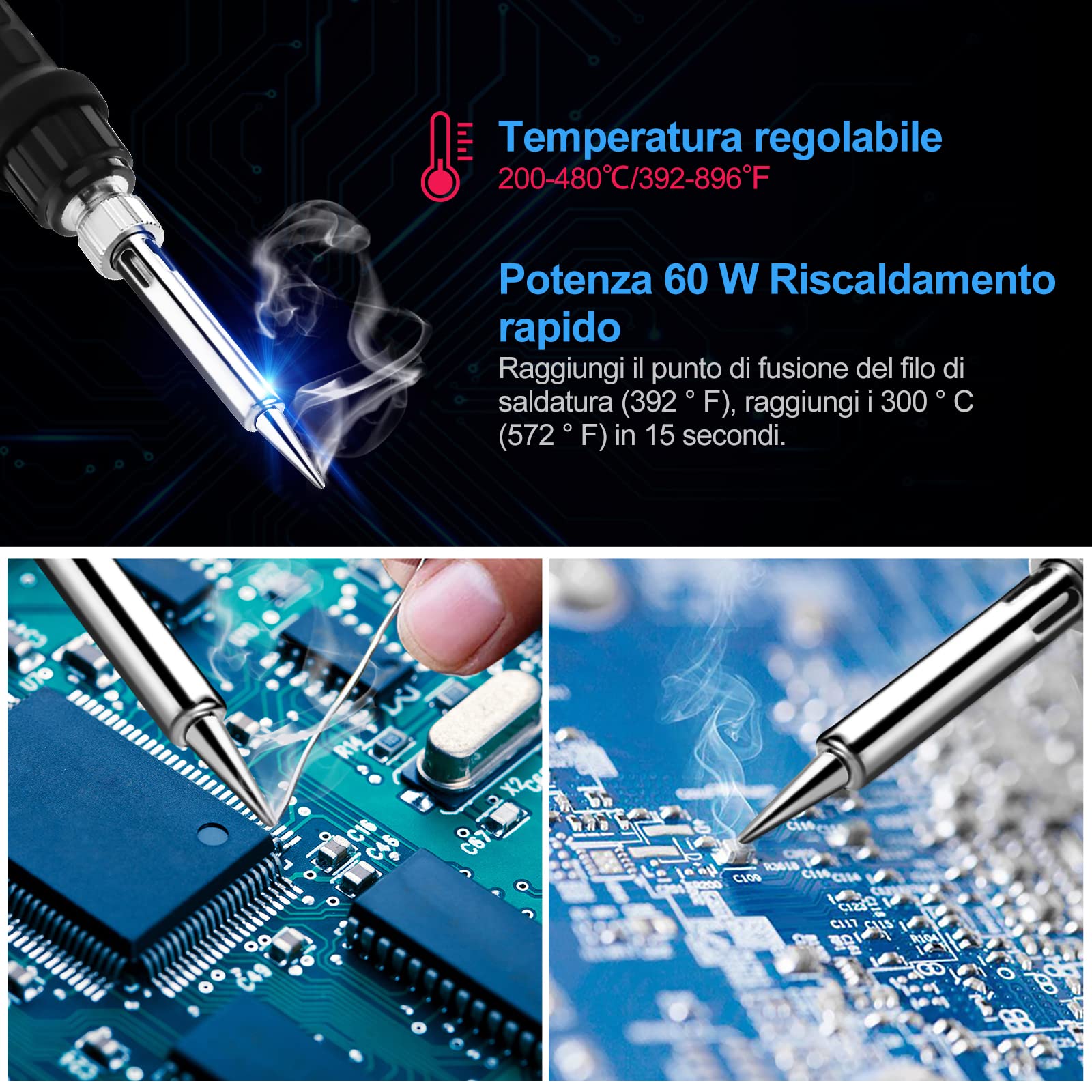 Stazioni di saldatura Stazione Saldatura 60W Professionale Saldatore Elettrico con Temperatura Regalabile 200°C-480°C Termostatica Intelligente con 5 Punte Sostituibili e Filo di saldatura
