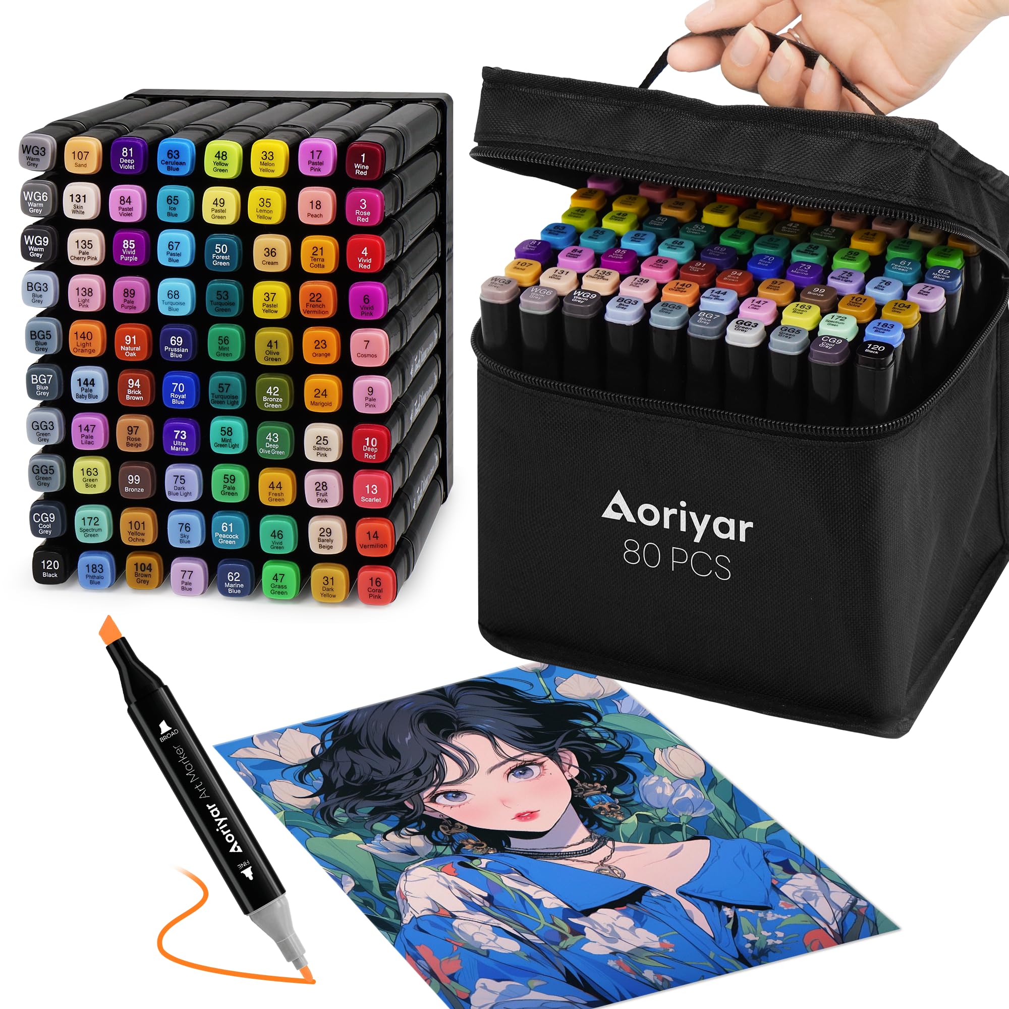 Set De 60 Marqueurs à Alcool ABEIER - Double Pointe Fine/Large - Séchage Rapide - Pour Dessin, Manga, Coloriage Adulte - Avec Pochette