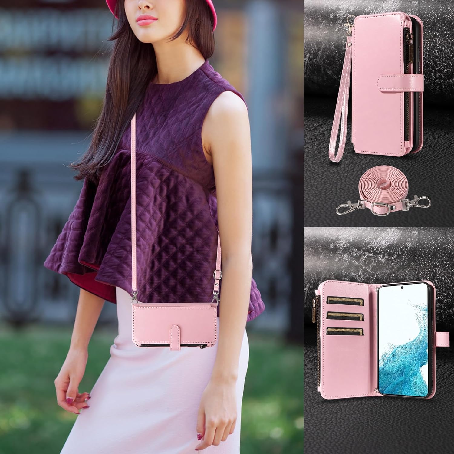 Asuwish Phone Case for Samsung Galaxy S22 5G Cover with Tempered Glass Screen Protector and Lanyard Zipper Wallet Card Holder Slot Stand Mobile Cell Accessories S 22 22S 4G G5 6.1 inch Women Men Pink