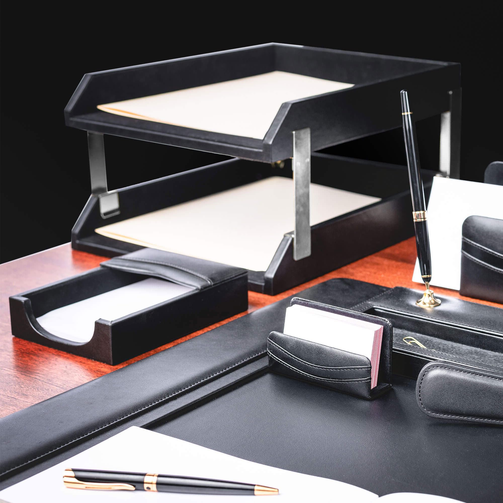 Dacasso Classic Black Leather Front-Load Double Letter Tray Set w/Silver Stacking Posts - Luxury Executive Decor and Office Essential - Desk Surface Protector