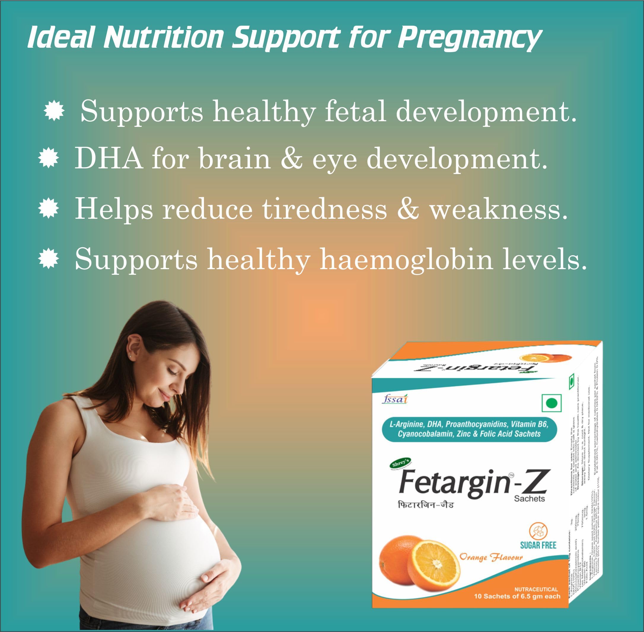 Shrey’s Fetargin-Z L-Arginine, DHA, Proanthocyanidins, Vitamin B6, Zinc, Folic Acid & Vitamin B12 Powder | Supports Energy, Pregnancy Wellness, Immunity & Heart Health | Orange Flavour | Sugar Free | 20 Sachets — Amazon image 4