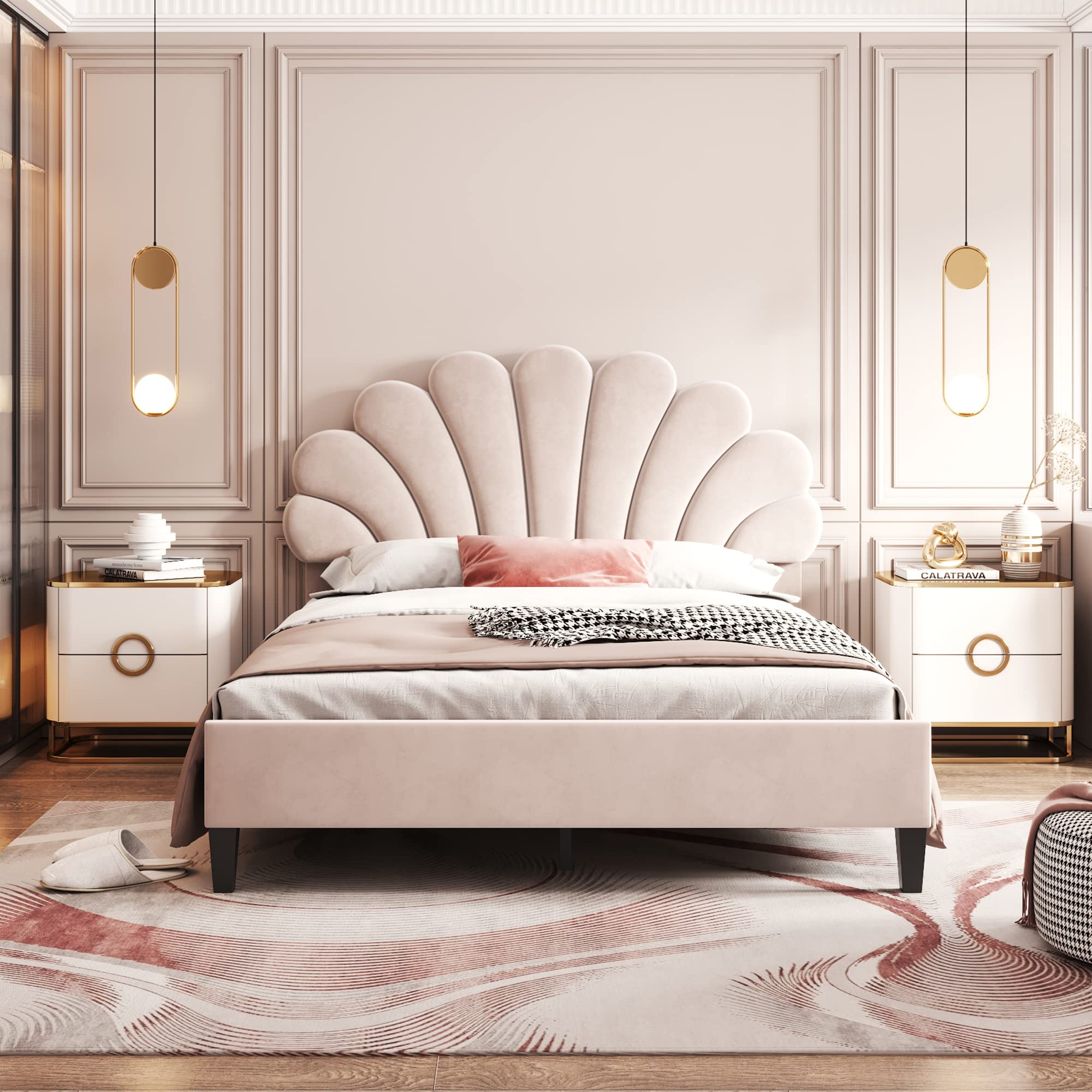 Letto matrimoniale imbottito 140 x 200 cm, telaio con testiera a forma di fiore e rete a doghe, letto per adulti e ragazzi in tessuto di velluto delicato sulla pelle, letto per ospiti beige