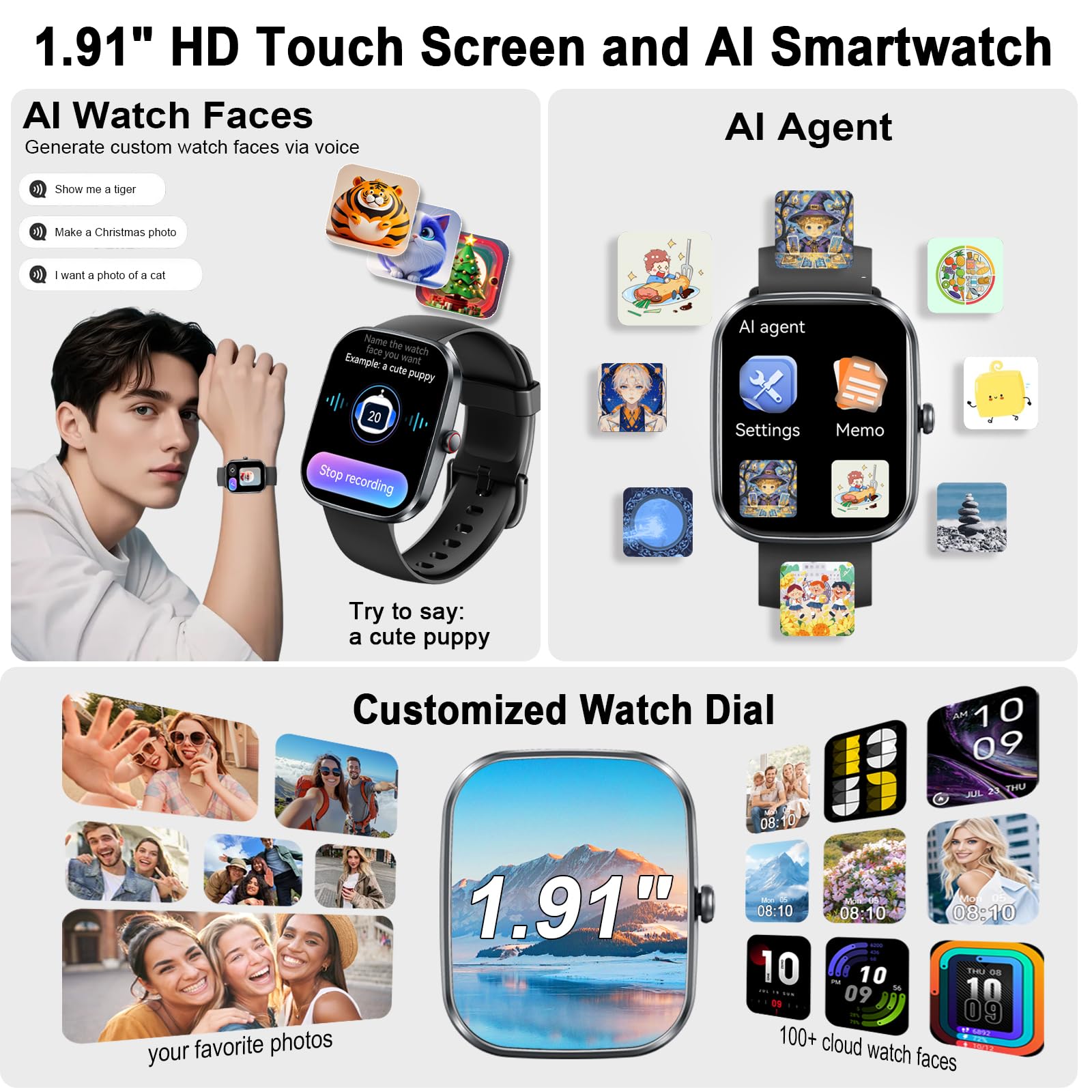uaue Reloj Inteligente Mujer Hombre, IA Interactiva Smartwatch con Llamadas Bluetooth, 1.91'' HD Smart Watch 110+ Modos Deportivo con ChatGPT, IP68 Monitor Cardíaco/Sueño Pulsera Actividad Android/iOS