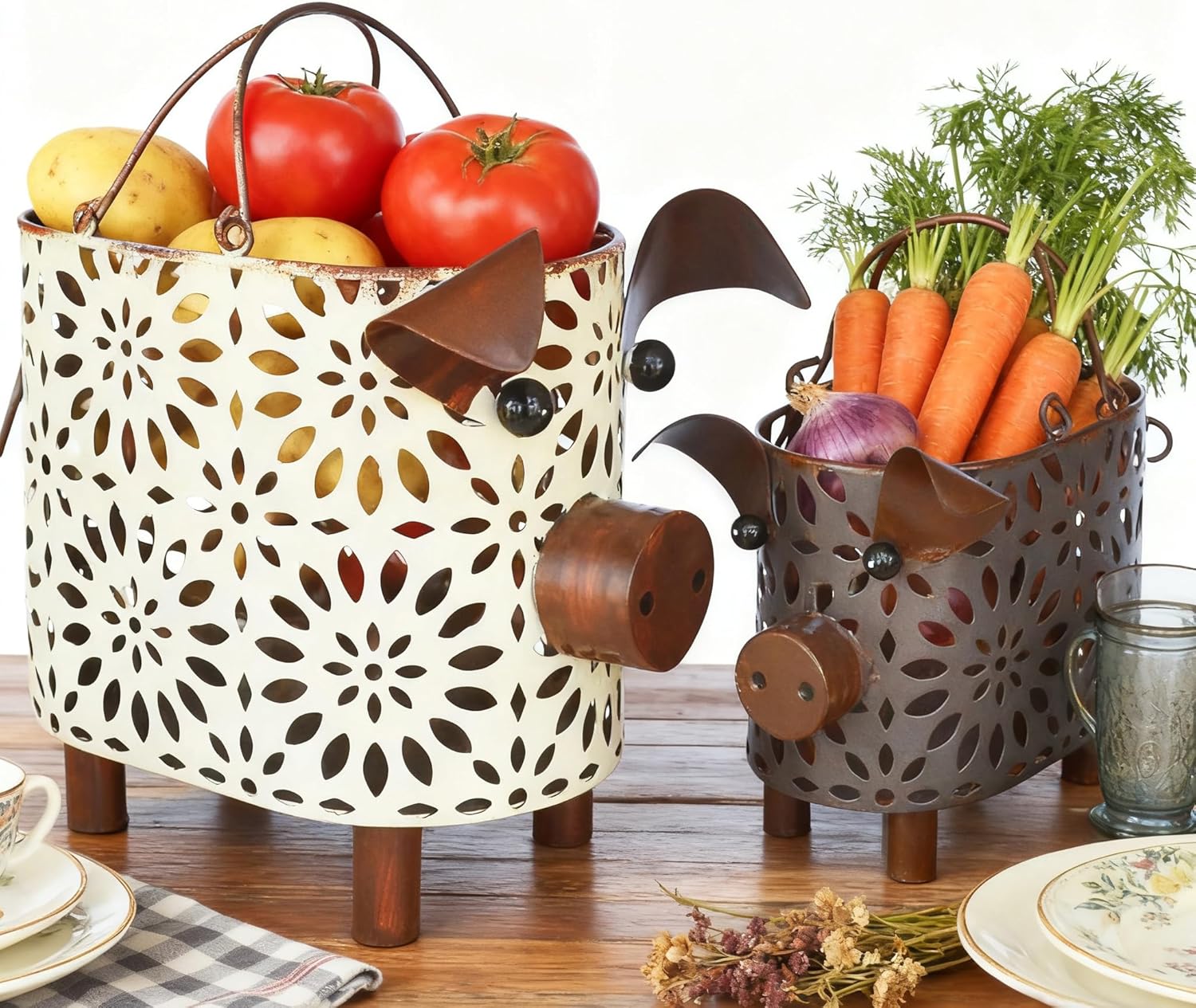 Zoreal Metal Decorative Small Baskets,Narrow Baskets with Handles for Storage,Pig Designs Farmhouse Cute Basket for Kitchen,Bathroom,Livingroom,Office Shelf Decor Aesthetic set of 2