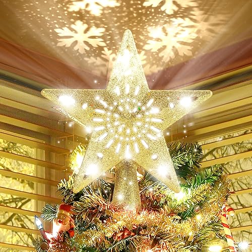 Decoración para árbol de Navidad iluminada con proyector LED giratorio de copo de nieve, estrella dorada 3D con purpurina para árbol de Navidad,