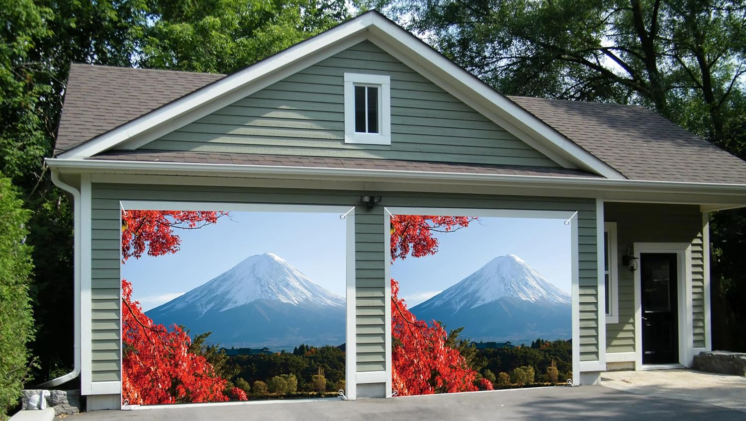 7x8ft Japan Mount Fuji Lake Garage Door Decor Snow Mountain Scene Red Maple Leaves Calm Blue Lake Forest Natural Landscape Garage Door Cover for Travel Themed Backdrop Decor