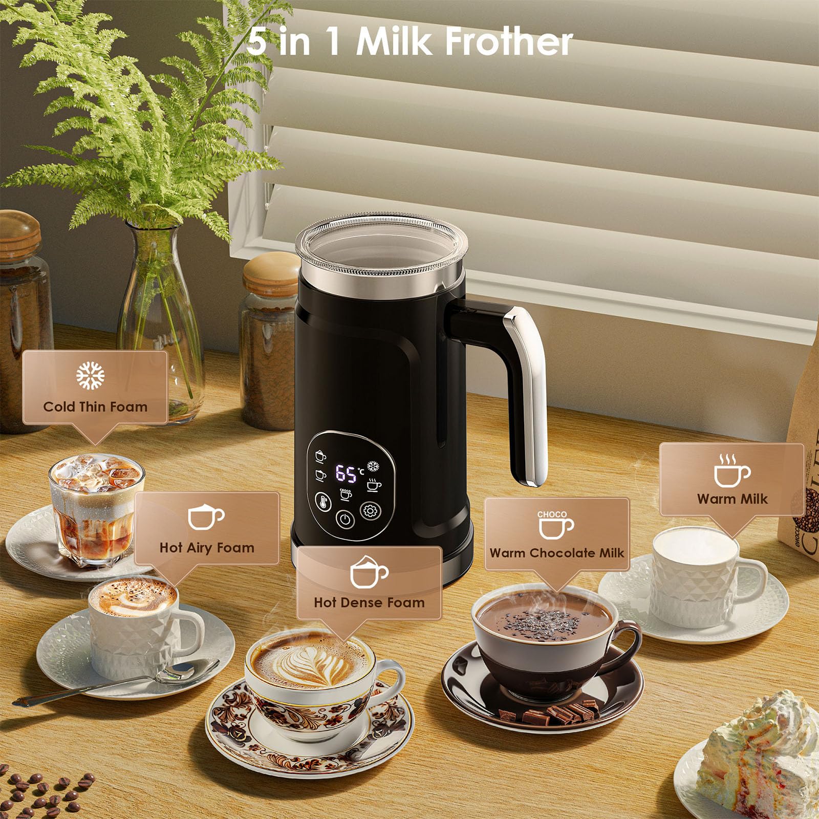 Automatyczny Podgrzewacz Do Mleka, Elektryczny Spieniacz Do Mleka O Dużej Pojemności 300 Ml, Cyfrowy Ekran Dotykowy I Regulacja Temperatury Do Cappuccino, Latte I Gorącej Czekolady