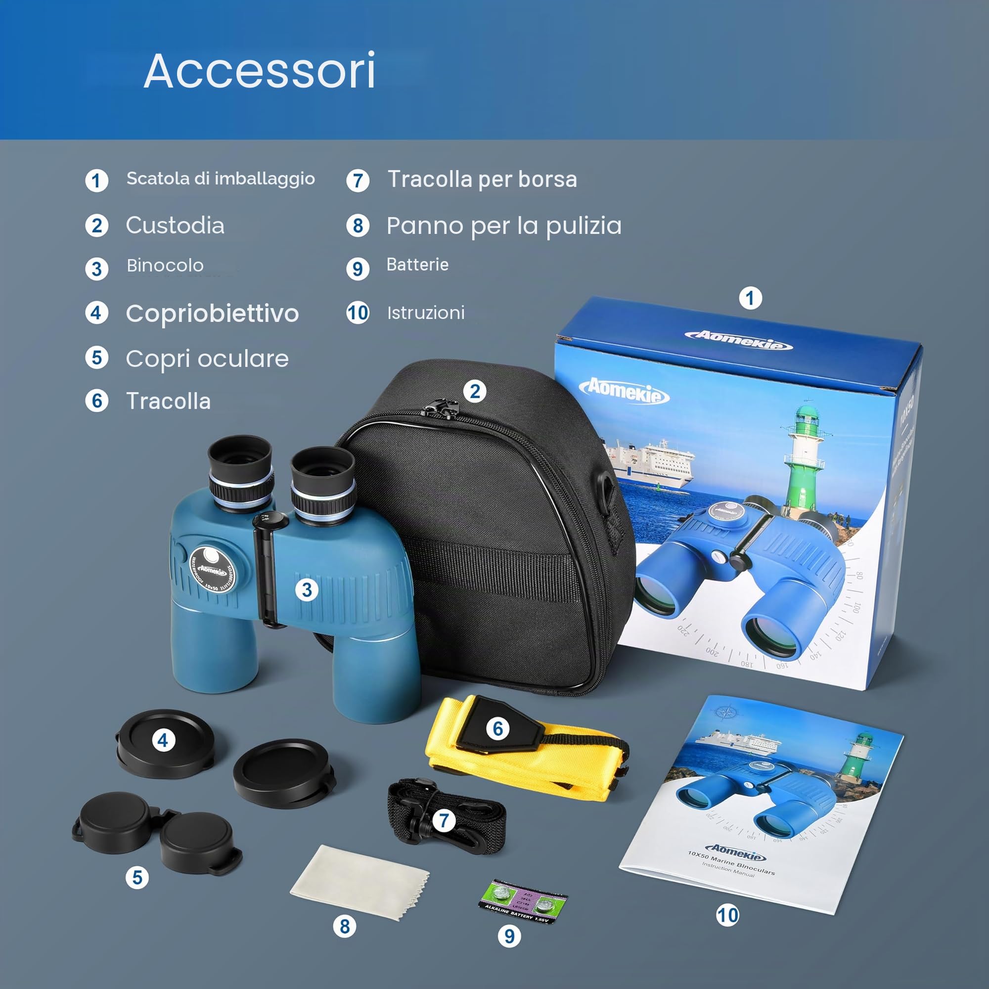 Aomekie Binocolo Marino 10x50 con Bussola Illuminata e Telemetro, Binocolo Professionale Lungo Raggio, Impermeabile IPX7 e Galleggiante, Ideale per Navigazione, Pesca e Sport Acquatici