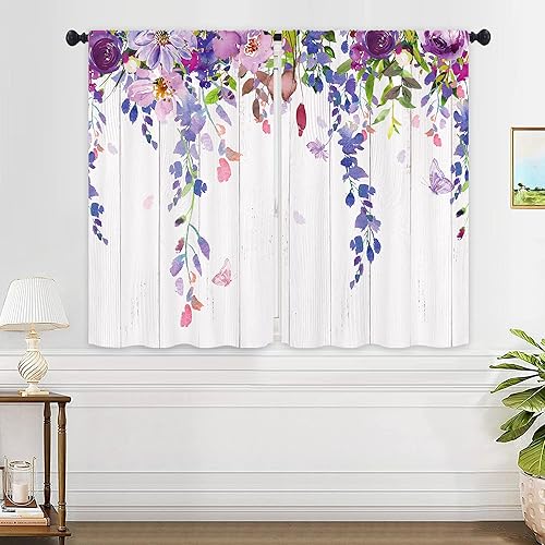 Miniatura 8 de Yookeb Cortinas rústicas de cocina rústicas con flores moradas de 27.5 pulgadas de ancho x 39 pulgadas de alto, bolsillo para barra, lavanda y