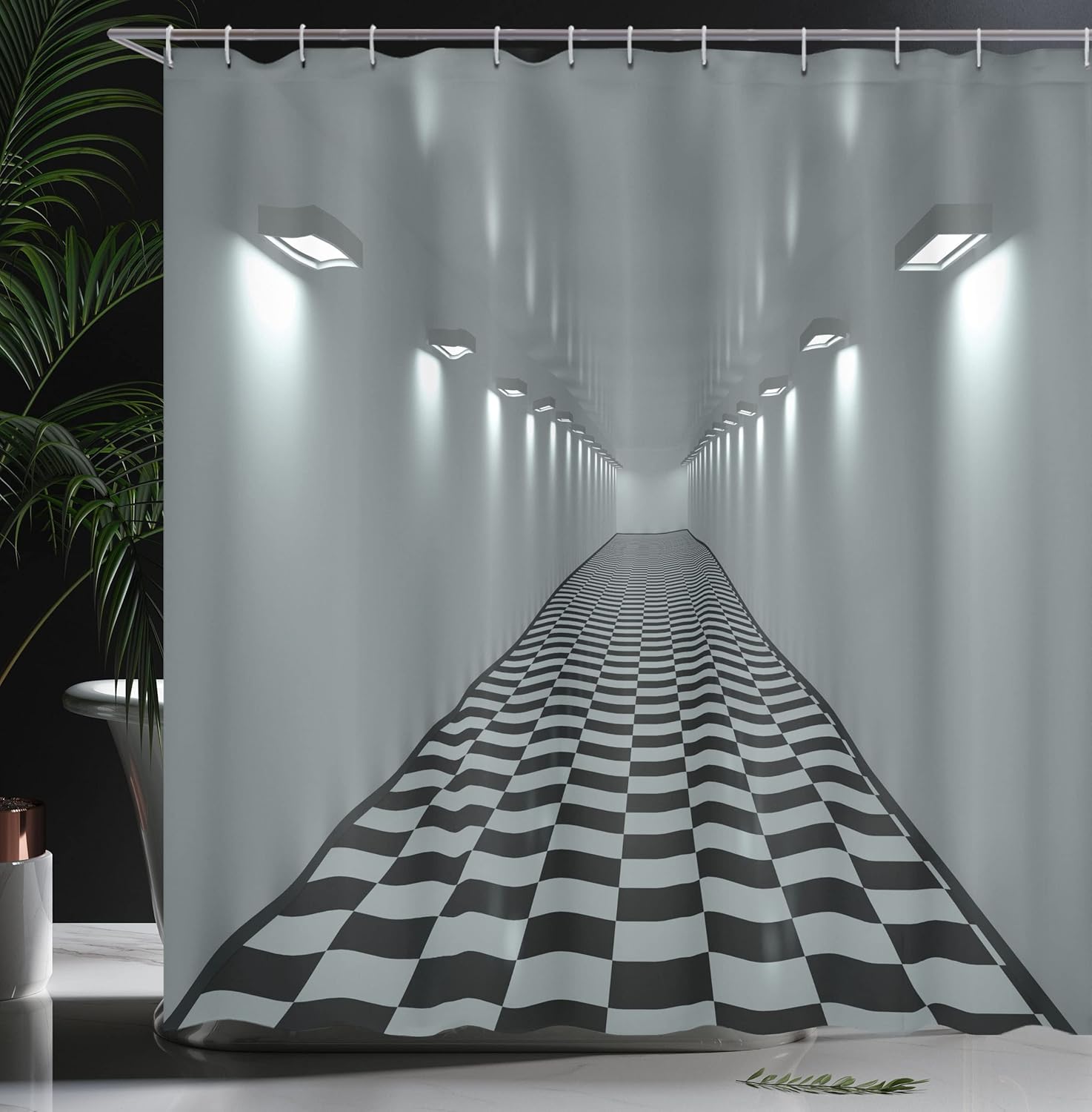 Modern Shower Curtain by Ambesonne, Long Corridor Ceiling Tiled Floor Minimalistic Design Office Interior Artwork, Fabric Bathroom Decor Set with Hooks, 70 Inches, Pale Sage Green