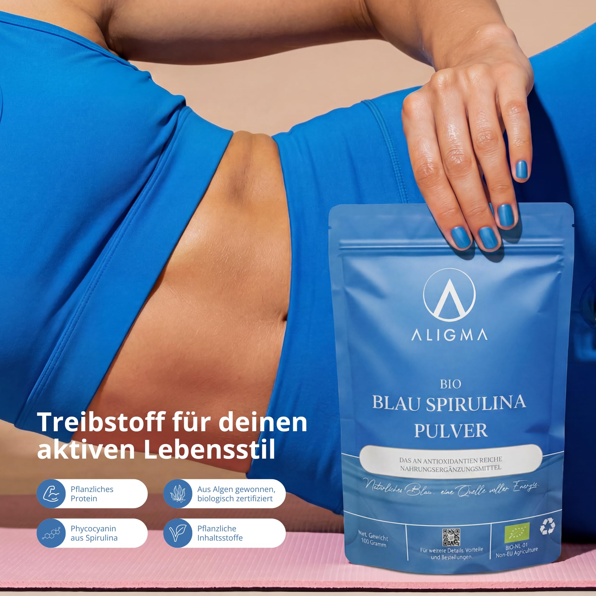 Aligma Bio-Spirulina-Pulver blau 75 Gramm | 100% natürliches Phycocyanin für Smoothies – leuchtend blauer Lebensmittelfarbstoff und proteinreicher Inhaltsstoff | Wiederverschließbare Verpackung