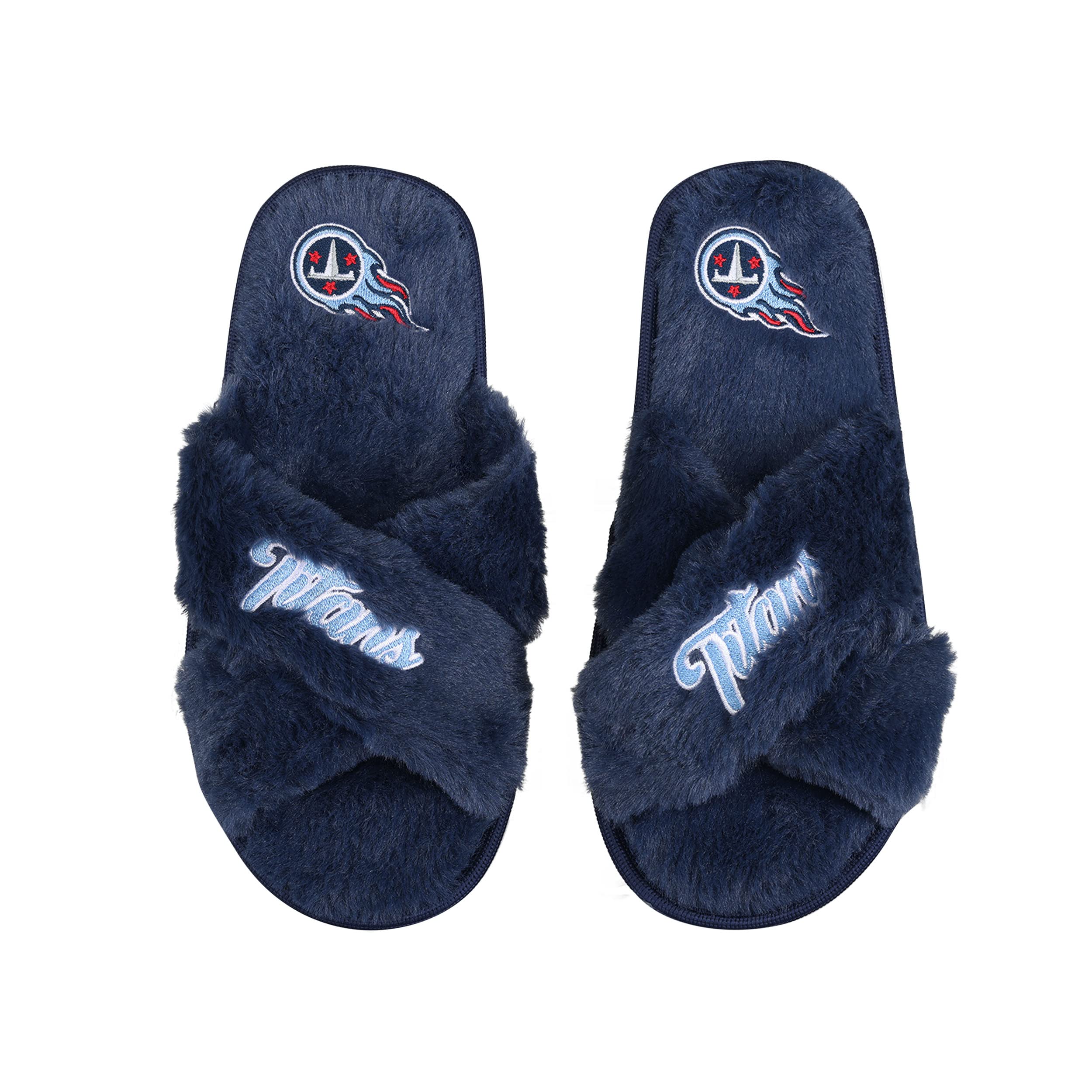 FOCO Womens NFL Team Script Wordmark Fuzzy Cross Slide Slippers