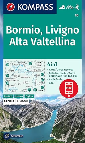 Carta escursionistica KOM 96. Laghi settentrionali. Bormio, Livigno, Corna di Campo: 4in1 Wanderkarte mit Aktiv Guide und Detailkarten inklusive Karte ... in der KOMPASS-App. Fahrradfahren. Skitouren.