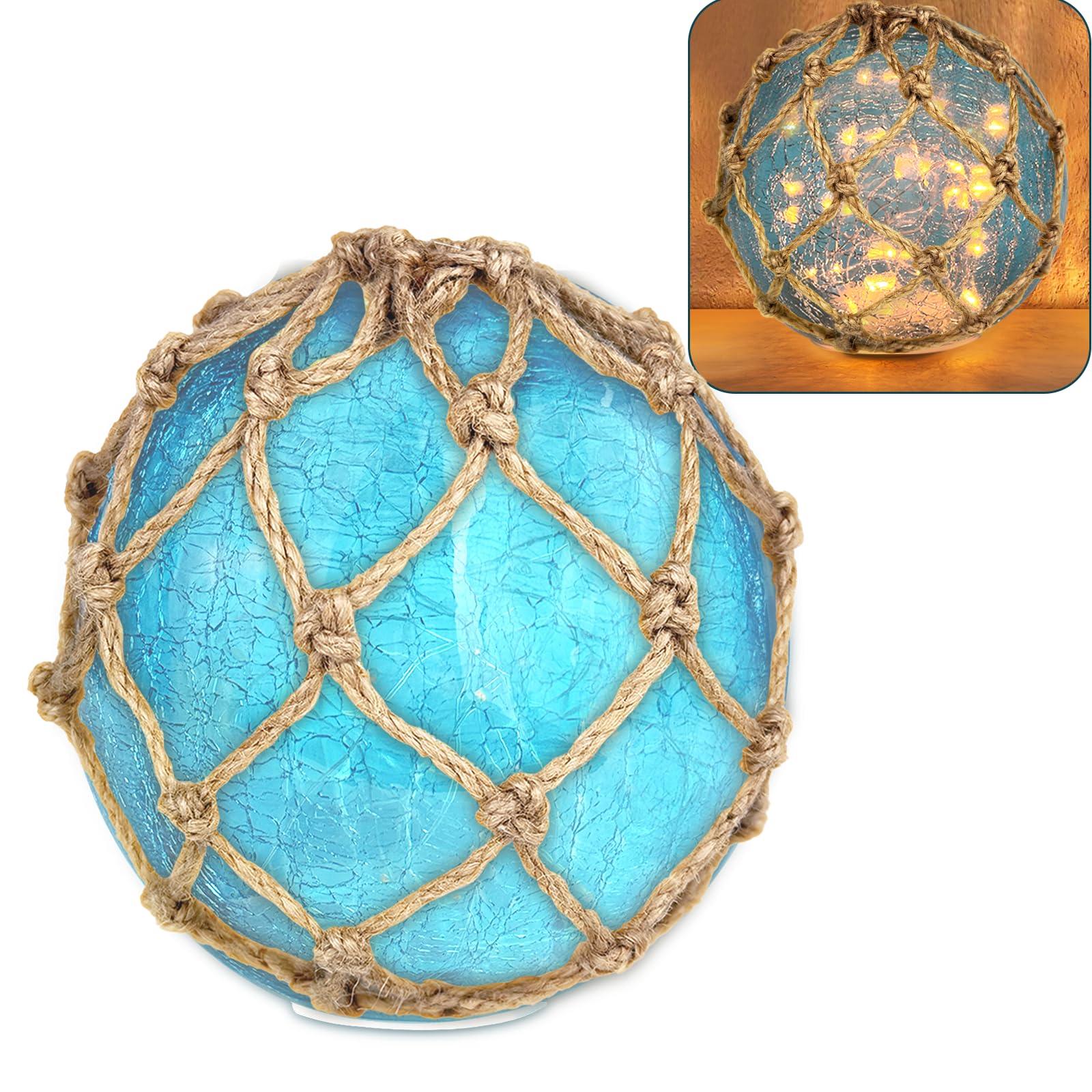 5.5-Inch Blue Glass Fishing Float Night Light – Cracked Glass Design, Battery Powered, Nautical Coastal Decor For Bathroom, Patio, Or Beach Theme