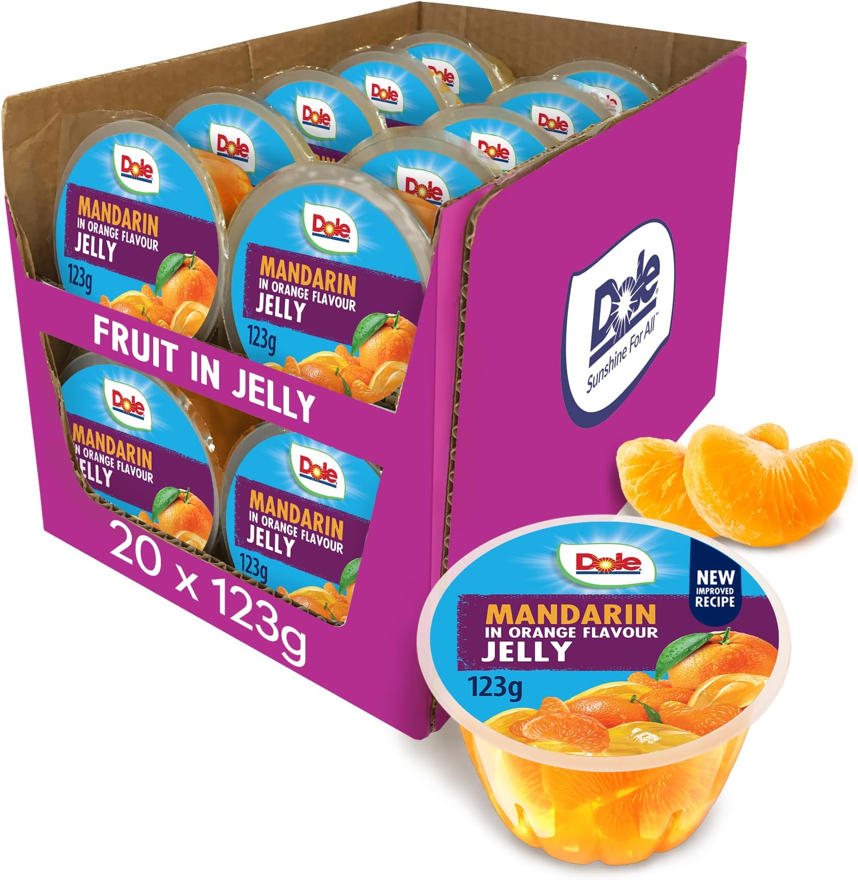 Dole Mandarin in Orange Jelly Fruit Pots 20 x 123g, Healthy Snack, No Added Sugar Fruit Bowls, Perfect for Breakfast & Dessert or Adding to Recipes
